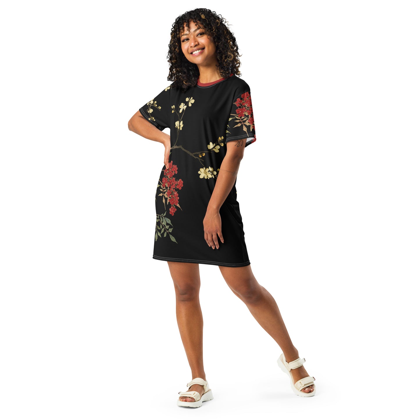 The Spirit of Flowers in Twelve Months|Blooming Wintersweet and Heavenly Bamboo|T-shirt dress|Black