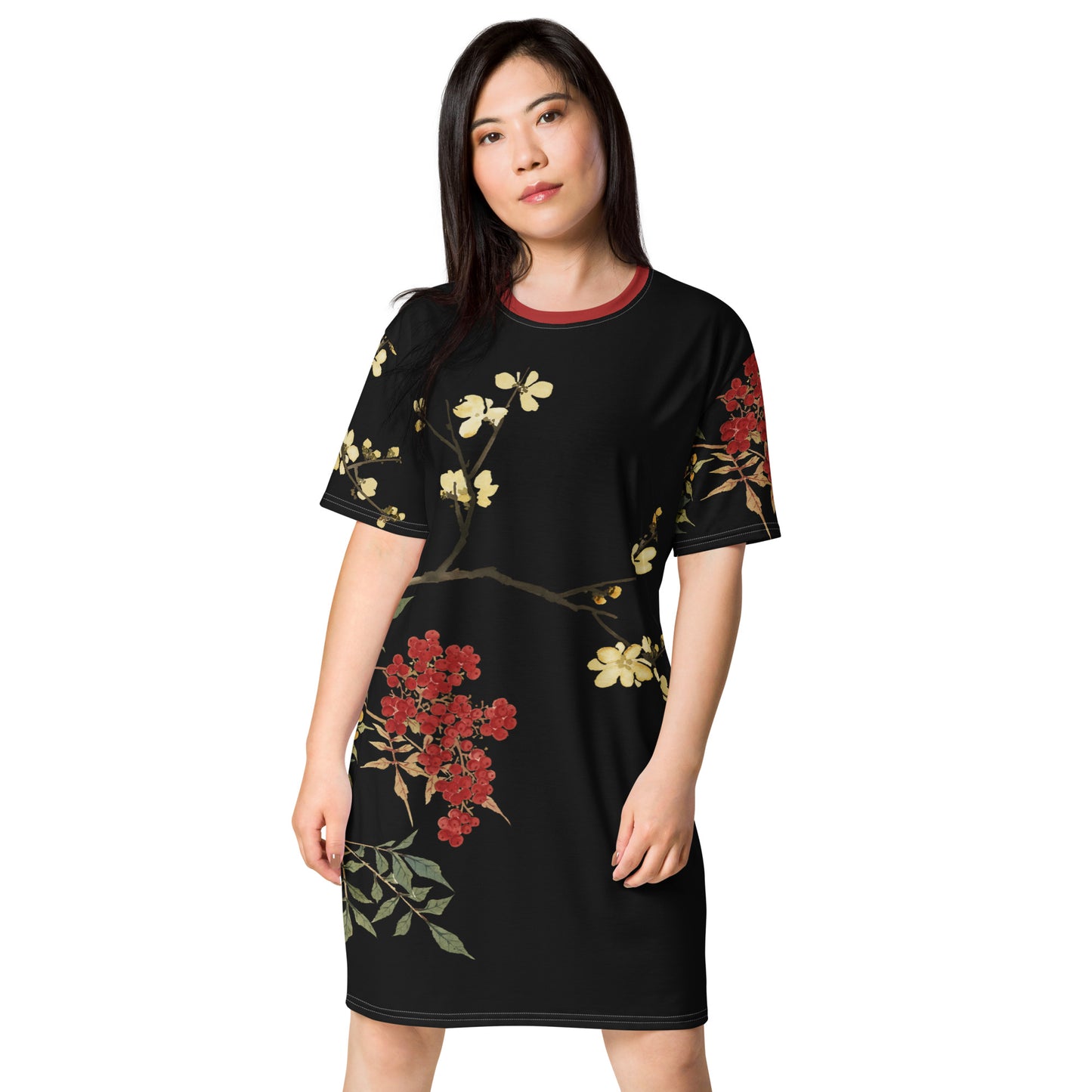 The Spirit of Flowers in Twelve Months|Blooming Wintersweet and Heavenly Bamboo|T-shirt dress|Black