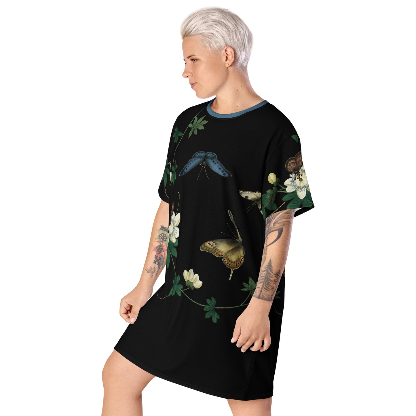Cats And Butterflies Of Longevity|Butterflies amidst the Edible Fruited Passion Flowers|T-shirt dress