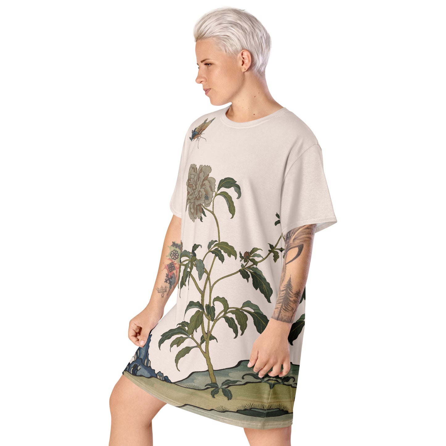 Kesi Flower Album|Peonies and Butterfly|T-shirt dress|Fish belly white