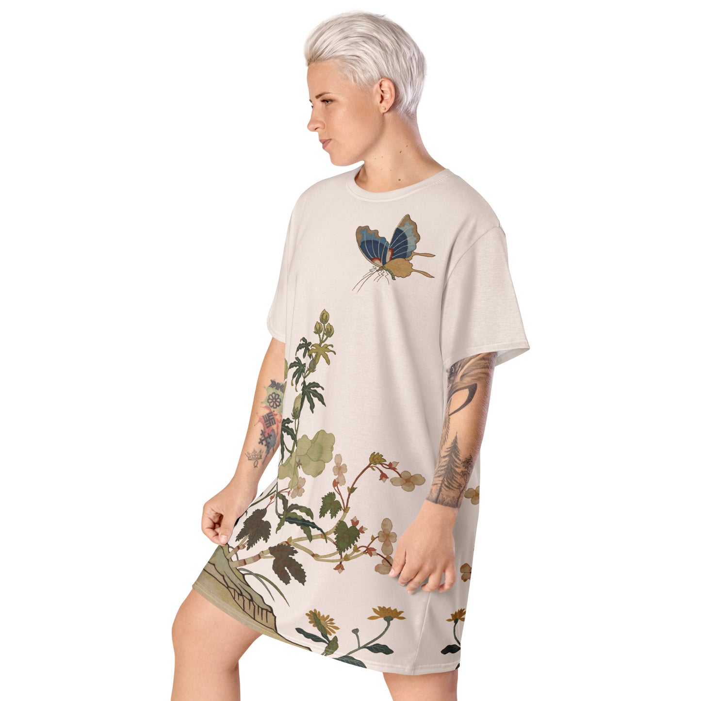 Kesi Flower Album|Hibiscus and Begonia Blossoms|T-shirt dress|Fish belly white