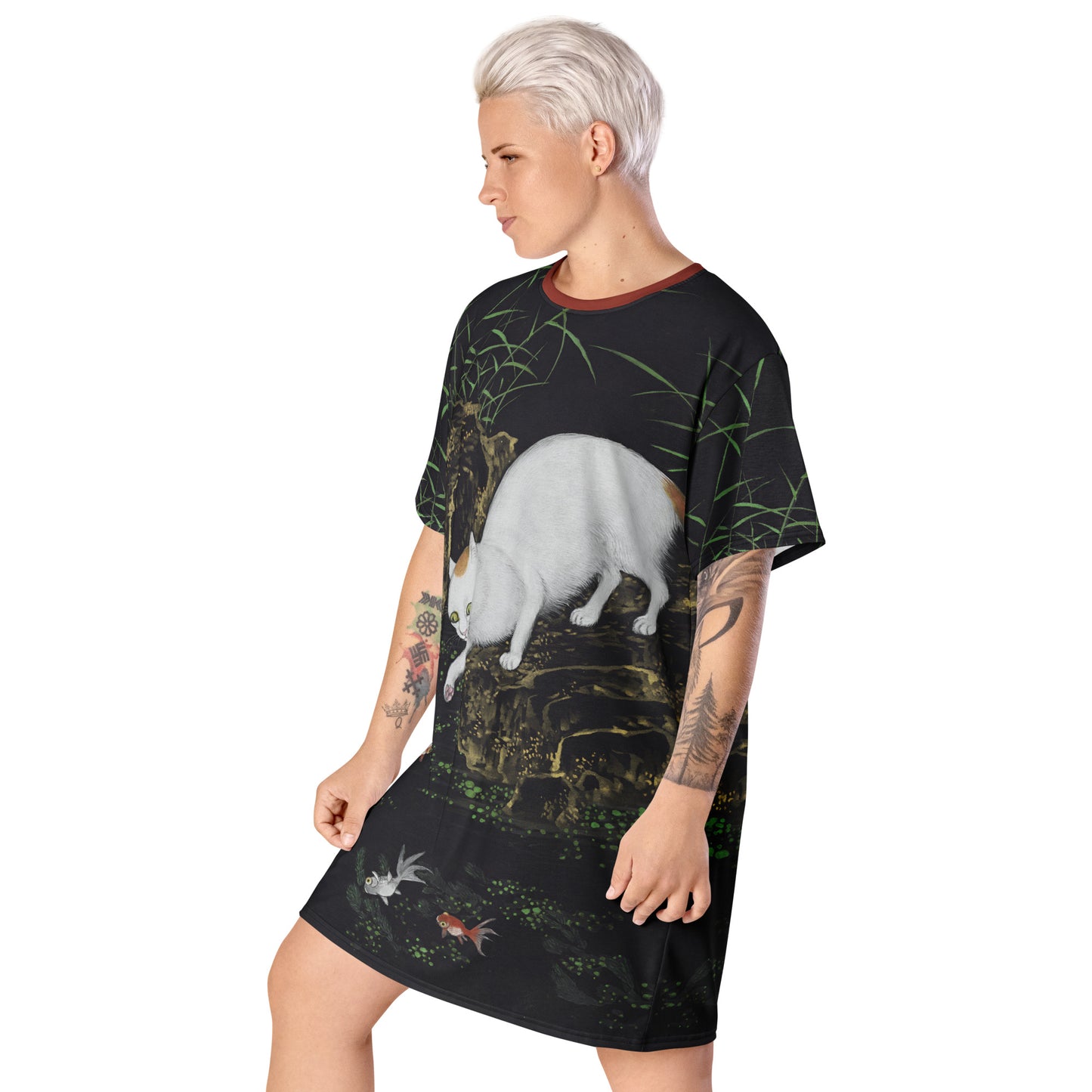 Cats And Butterflies Of Longevity|Cat with Fish and Aquatic Plants|T-shirt dress