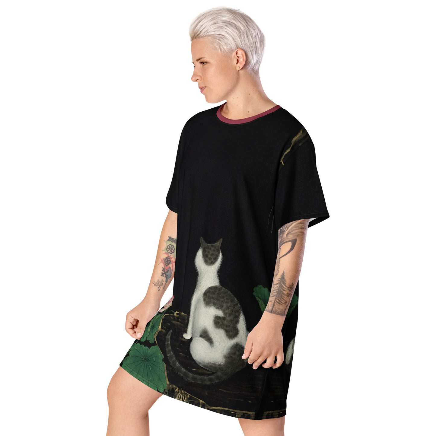 Cats And Butterflies Of Longevity|A Cat amidst the Lotus in Bloom|T-shirt dress
