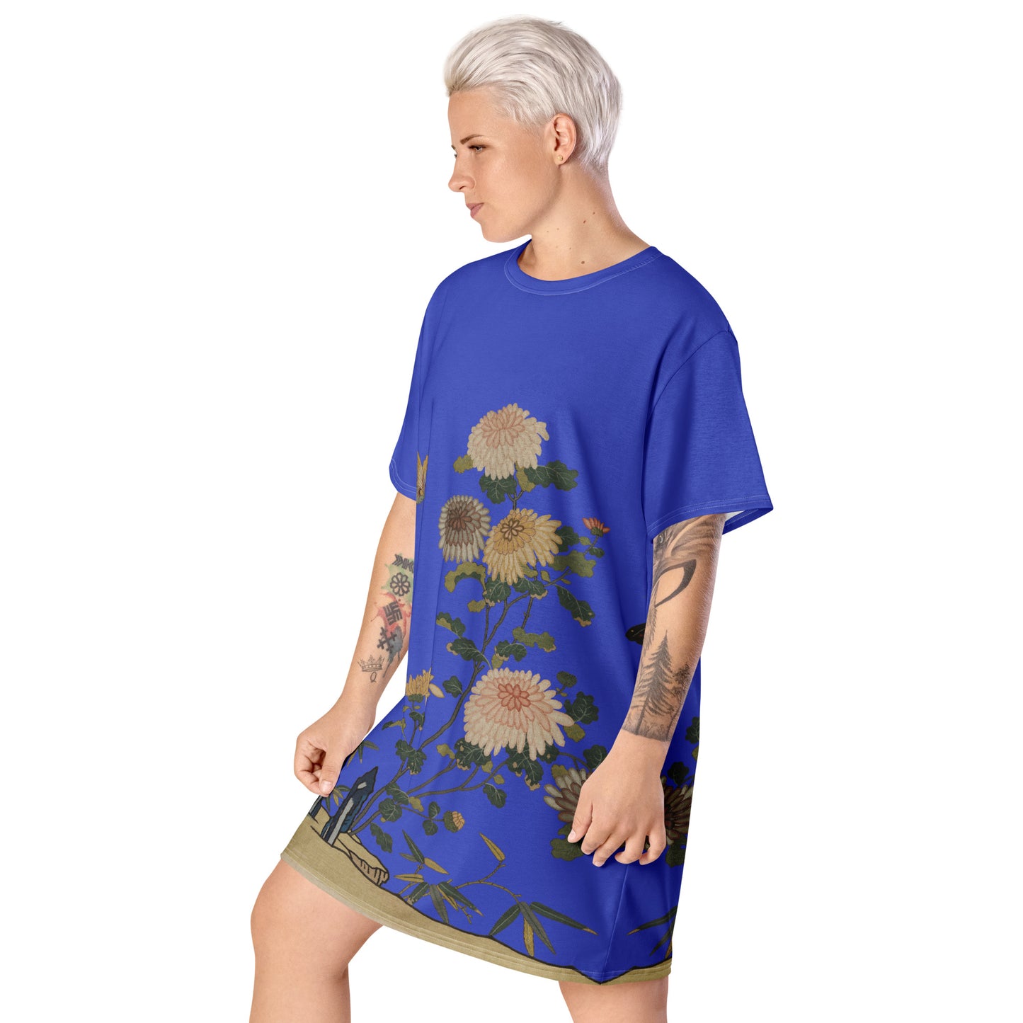 Kesi Flower Album|Chrysanthemums and Butterflies|T-shirt dress|Royal blue
