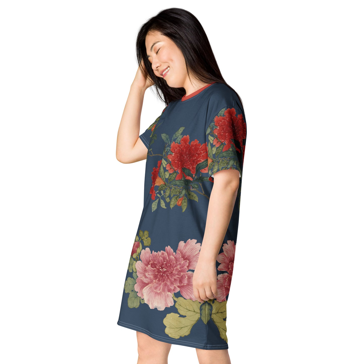 The Spirit of Flowers in Twelve Months|Hollyhock and Pomegranate in Bloom|T-shirt dress|Dark blue