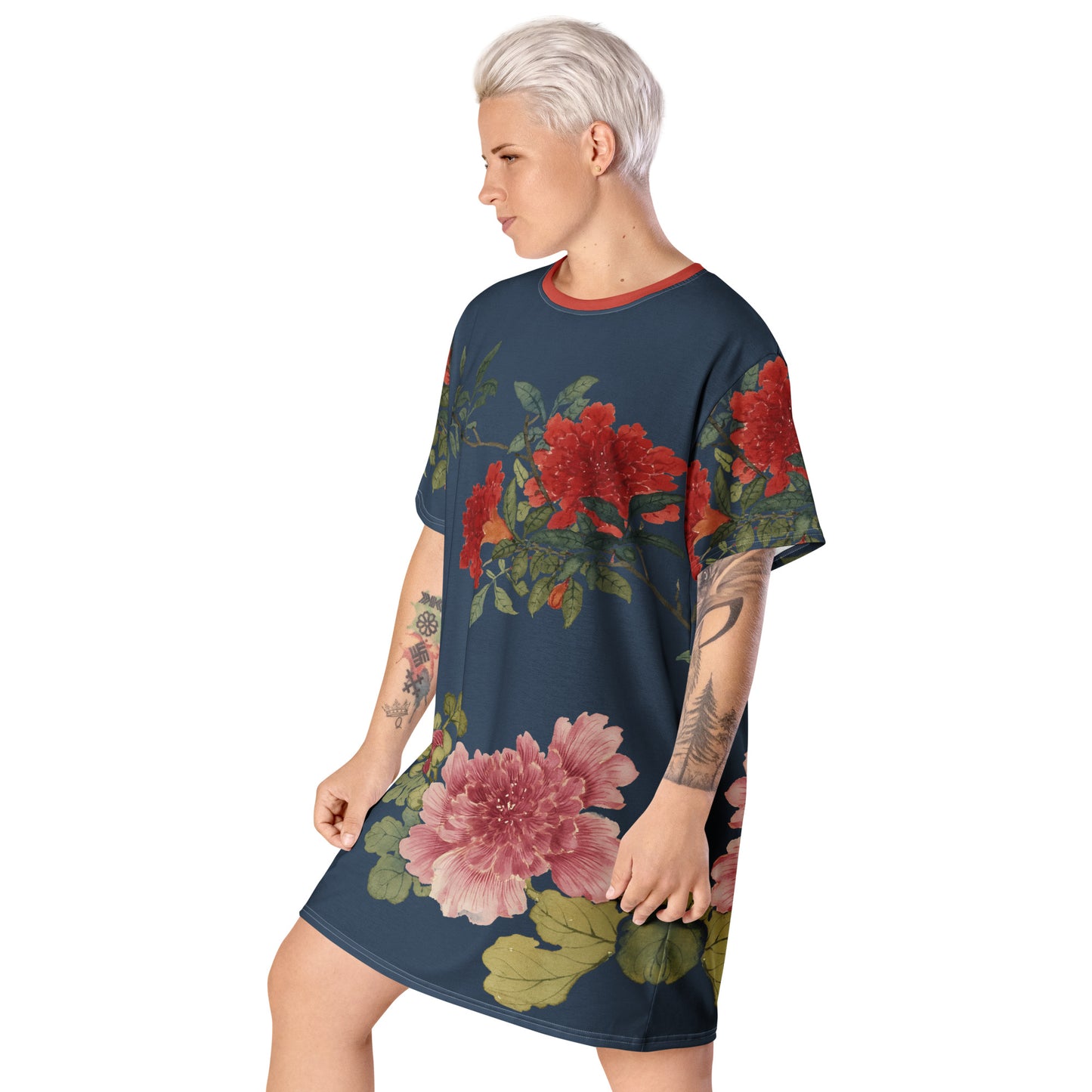 The Spirit of Flowers in Twelve Months|Hollyhock and Pomegranate in Bloom|T-shirt dress|Dark blue