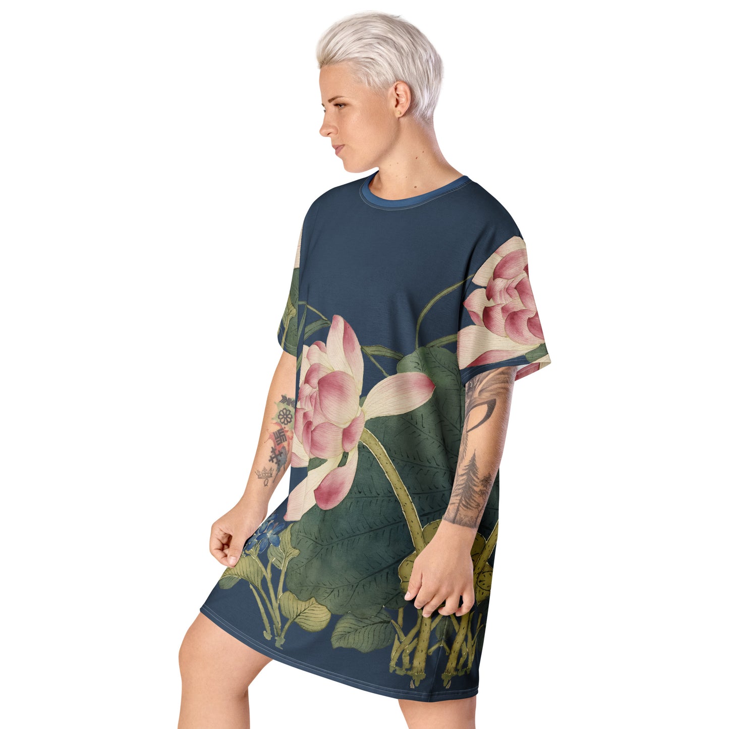 The Spirit of Flowers in Twelve Months|Lotus in Bloom|T-shirt dress|Dark blue