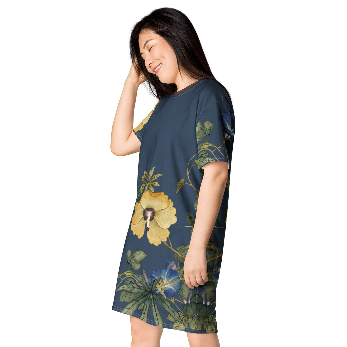 The Spirit of Flowers in Twelve Months|Okra and White-edged Morning Glory in Bloom|T-shirt dress|Dark blue