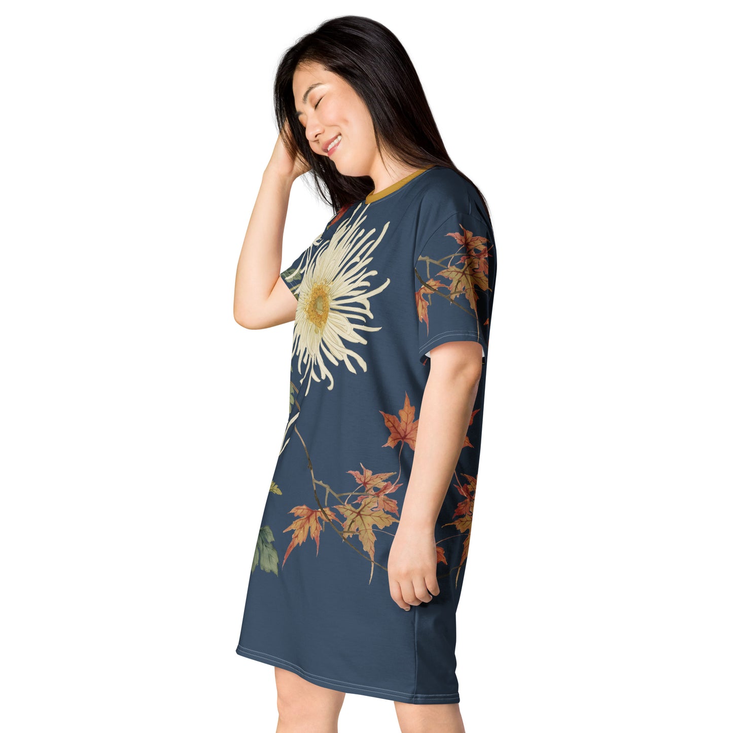The Spirit of Flowers in Twelve Months|Blooming Chrysanthemum and Maple Leaves|T-shirt dress|Dark blue