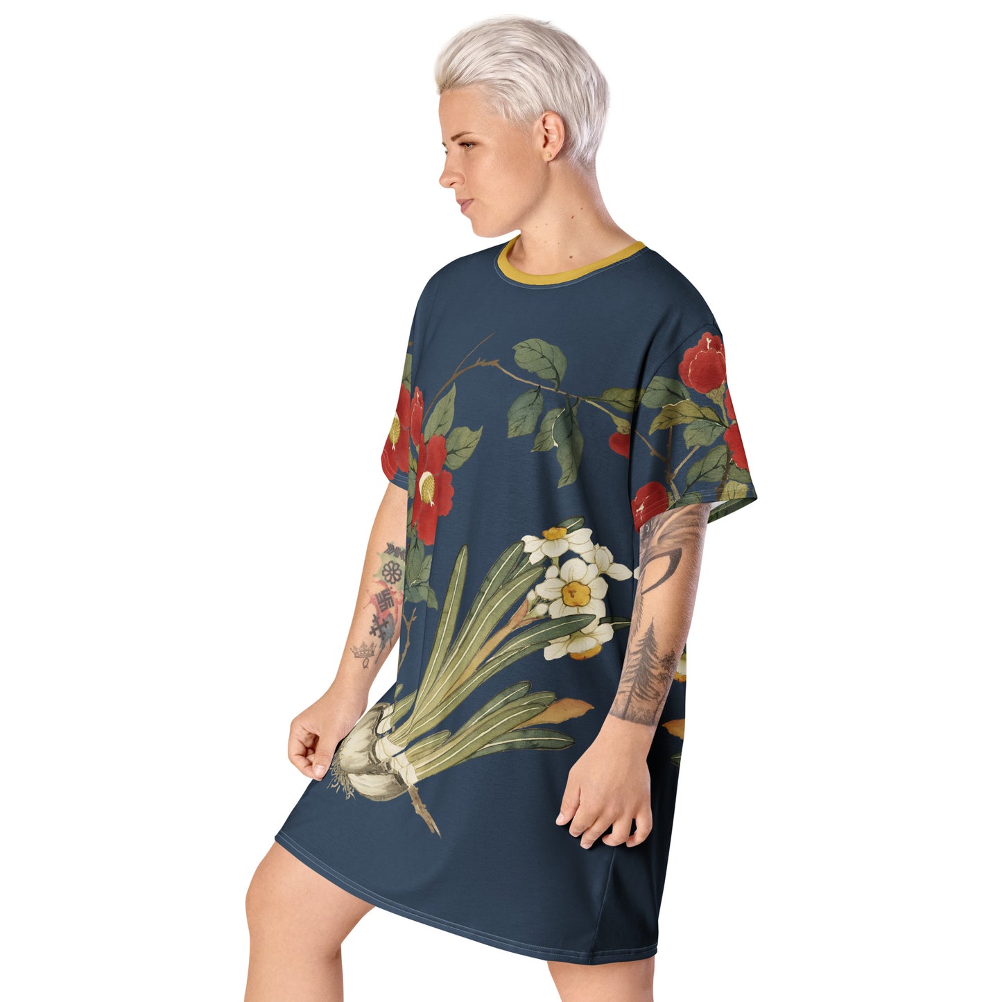 The Spirit of Flowers in Twelve Months|Narcissus and Camelia in Bloom|T-shirt dress|Dark blue