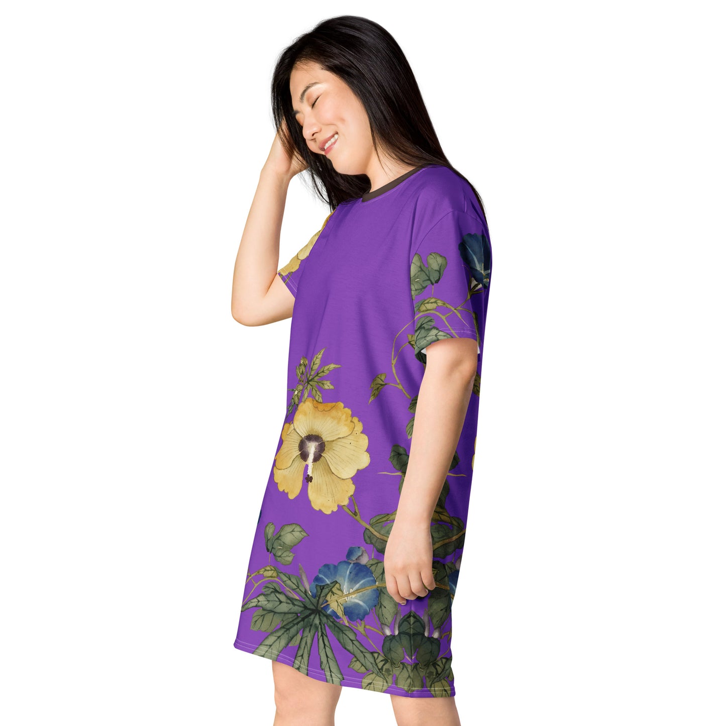 The Spirit of Flowers in Twelve Months|Okra and White-edged Morning Glory in Bloom|T-shirt dress|Purple