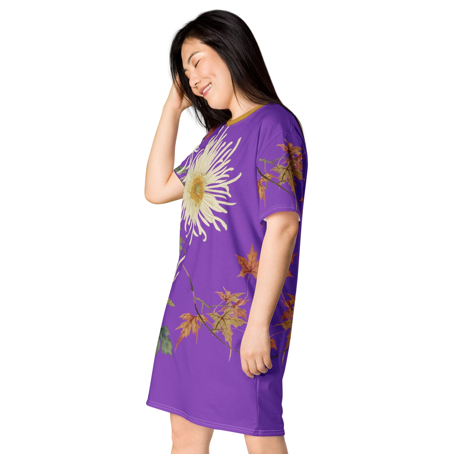 The Spirit of Flowers in Twelve Months|Blooming Chrysanthemum and Maple Leaves|T-shirt dress|Purple