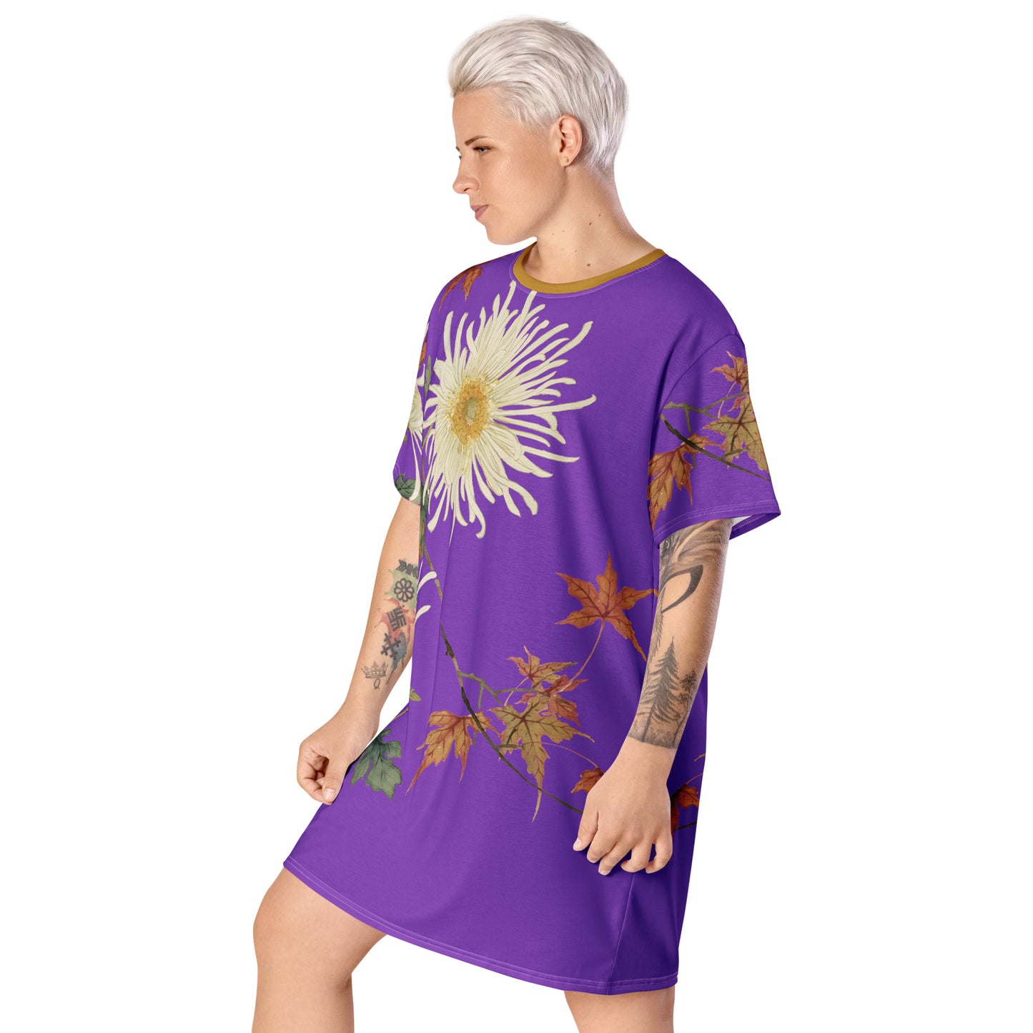 The Spirit of Flowers in Twelve Months|Blooming Chrysanthemum and Maple Leaves|T-shirt dress|Purple
