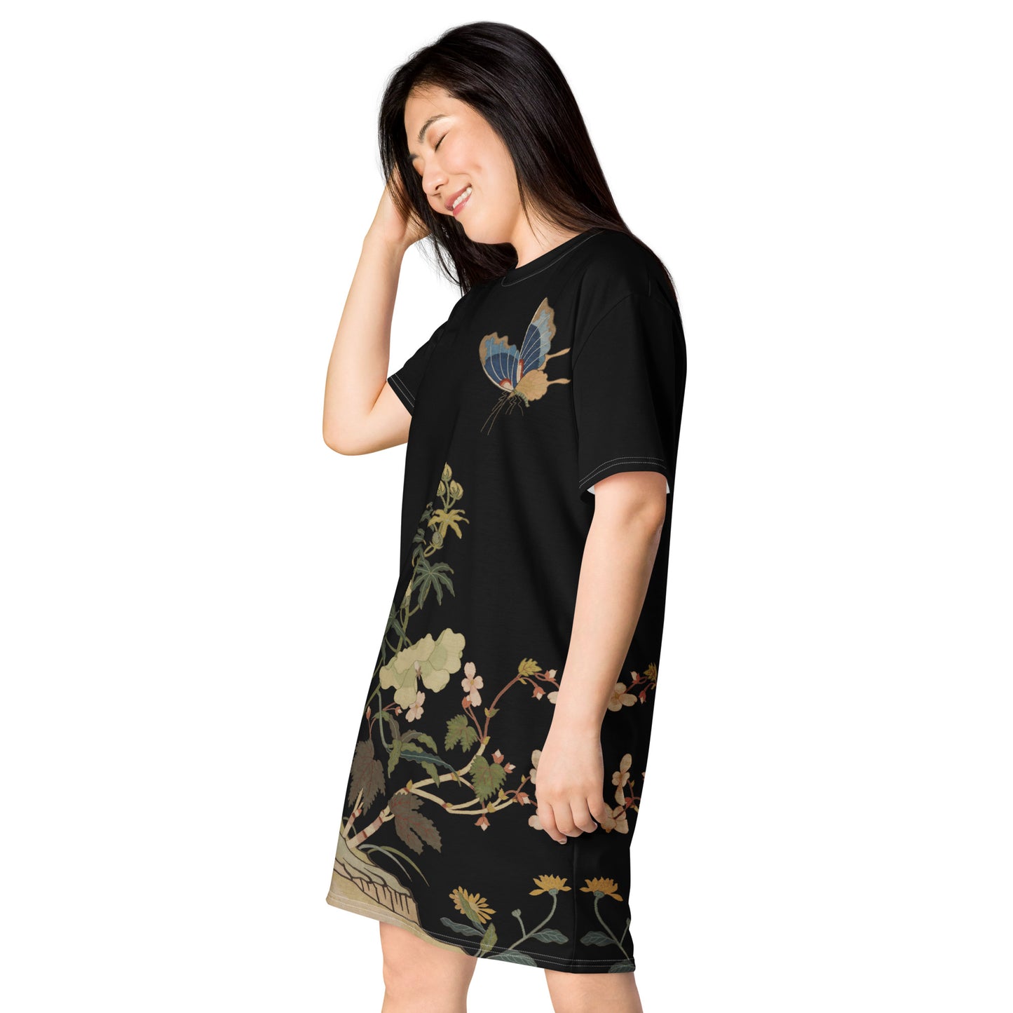 Kesi Flower Album|Hibiscus and Begonia Blossoms|T-shirt dress|Black