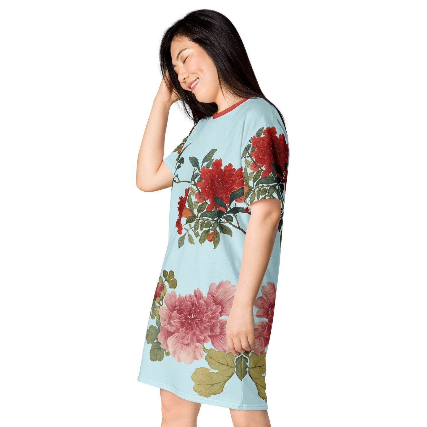 The Spirit of Flowers in Twelve Months|Hollyhock and Pomegranate in Bloom|T-shirt dress|Aqua blue