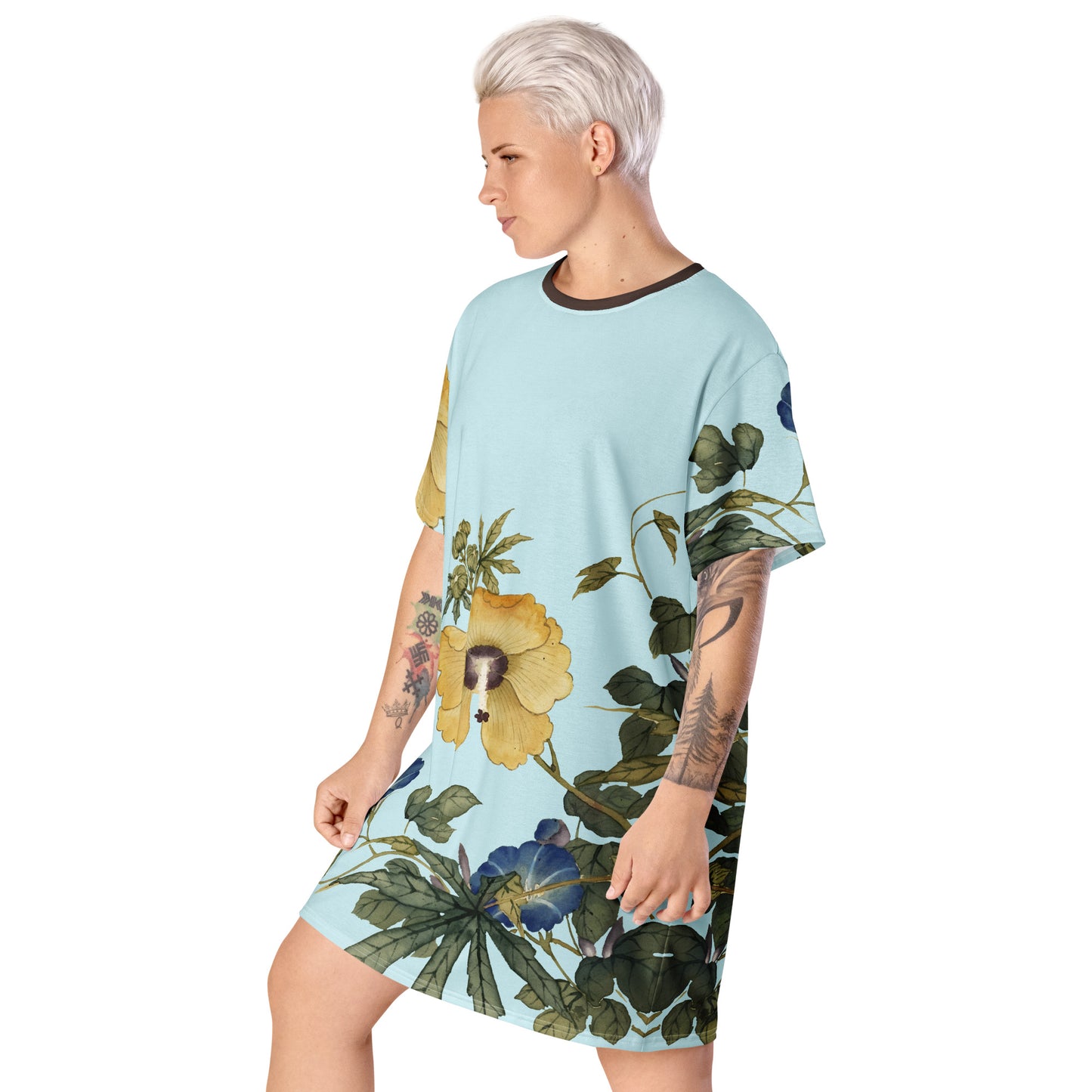 The Spirit of Flowers in Twelve Months|Okra and White-edged Morning Glory in Bloom|T-shirt dress|Aqua blue