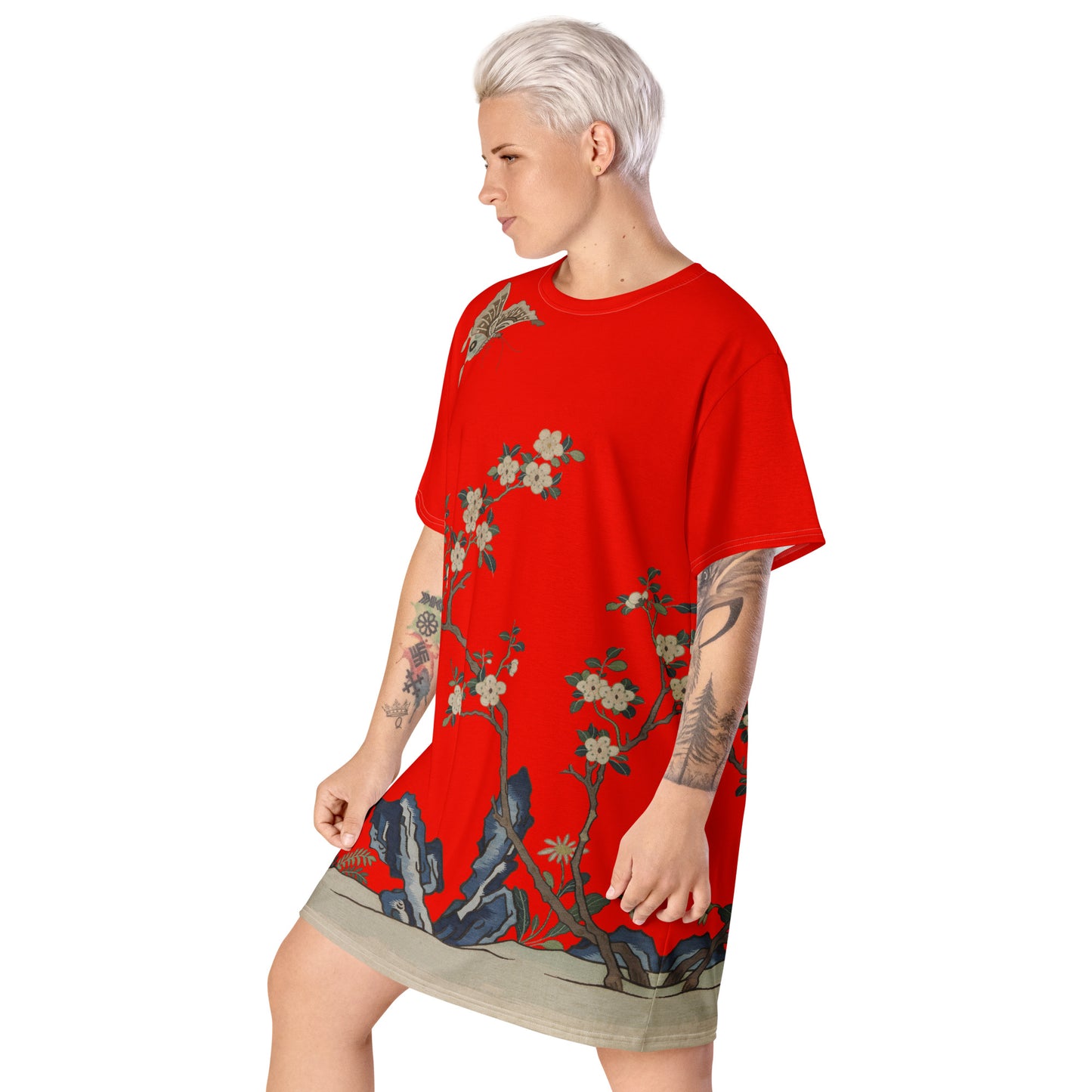 タペストリーの花|白梅と蝶|Tシャツドレス|Garnet red