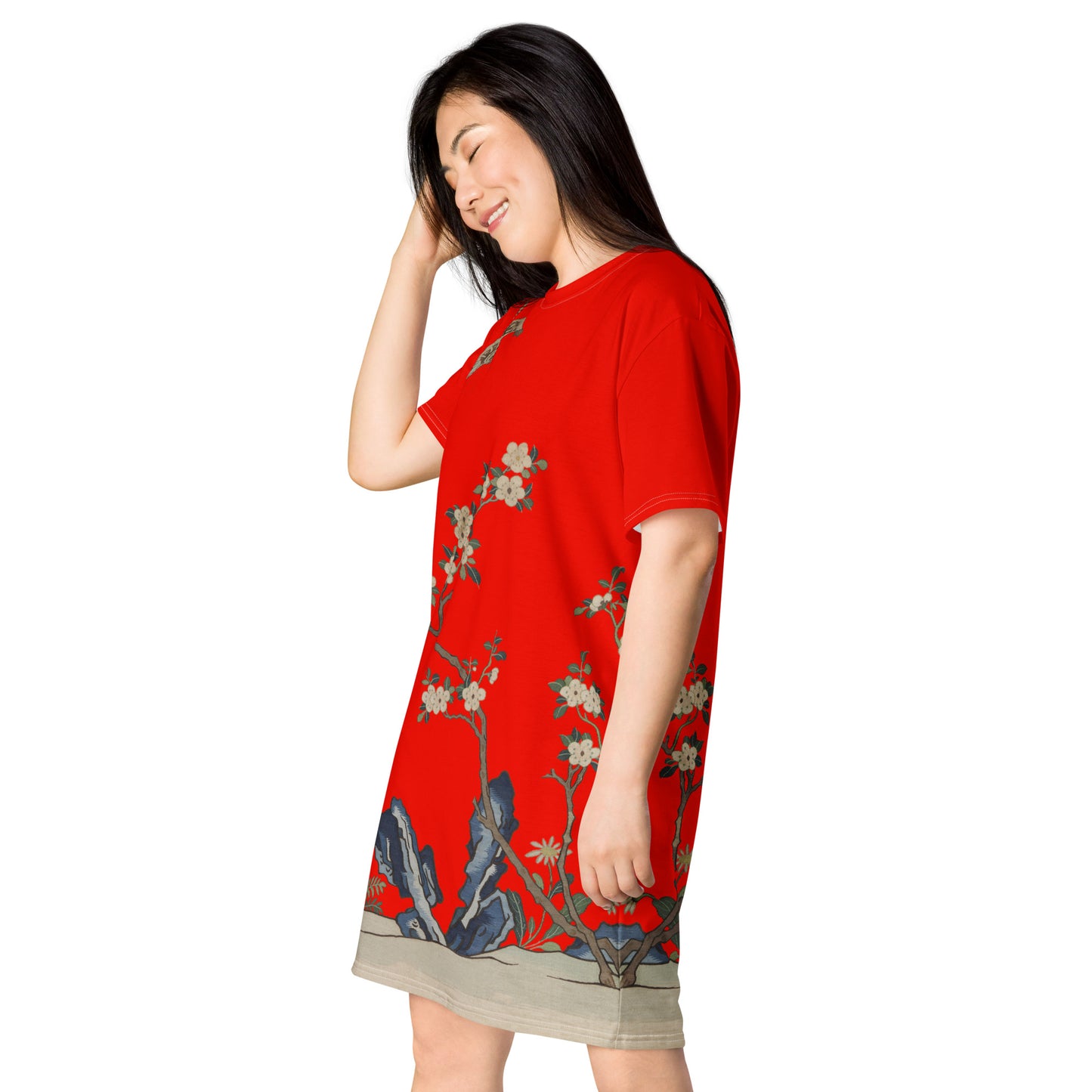 タペストリーの花|白梅と蝶|Tシャツドレス|Garnet red