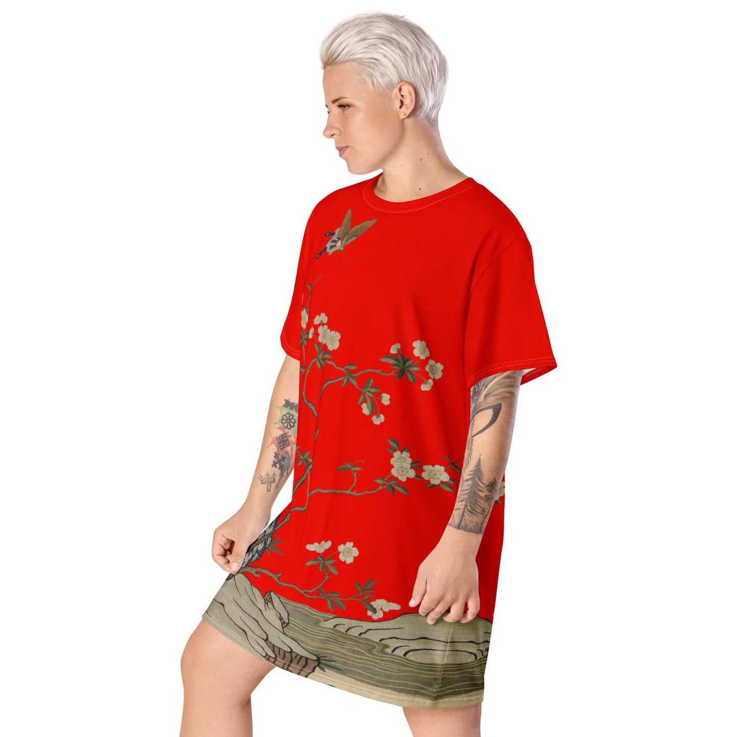 タペストリーの花|梅の花と蝶|Tシャツドレス|Garnet red