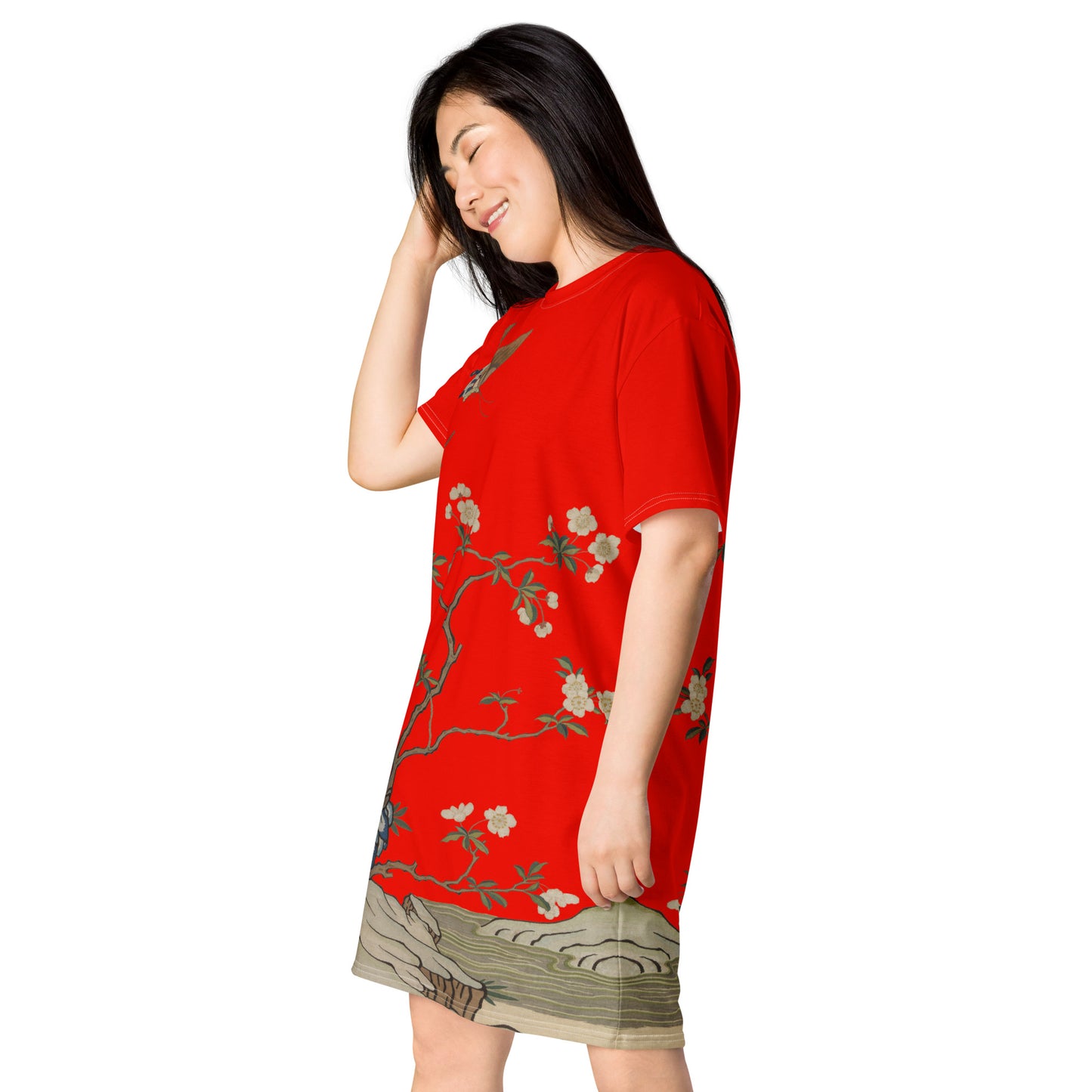タペストリーの花|梅の花と蝶|Tシャツドレス|Garnet red