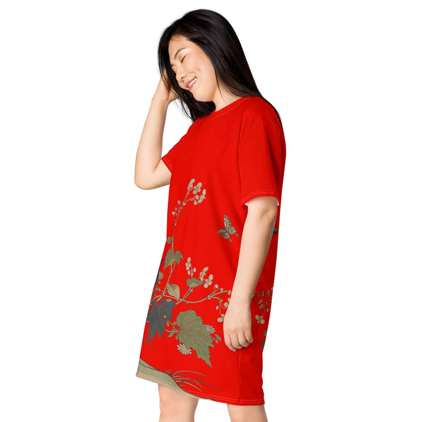 タペストリーの花|Begonia Blossoms|T-shirt dress|Garnet red
