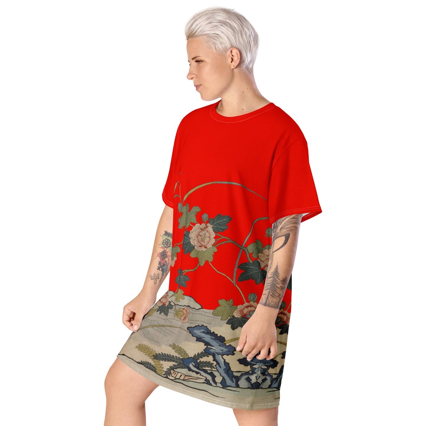 タペストリーの花|水辺のハイビスカス|Tシャツドレス|Garnet red