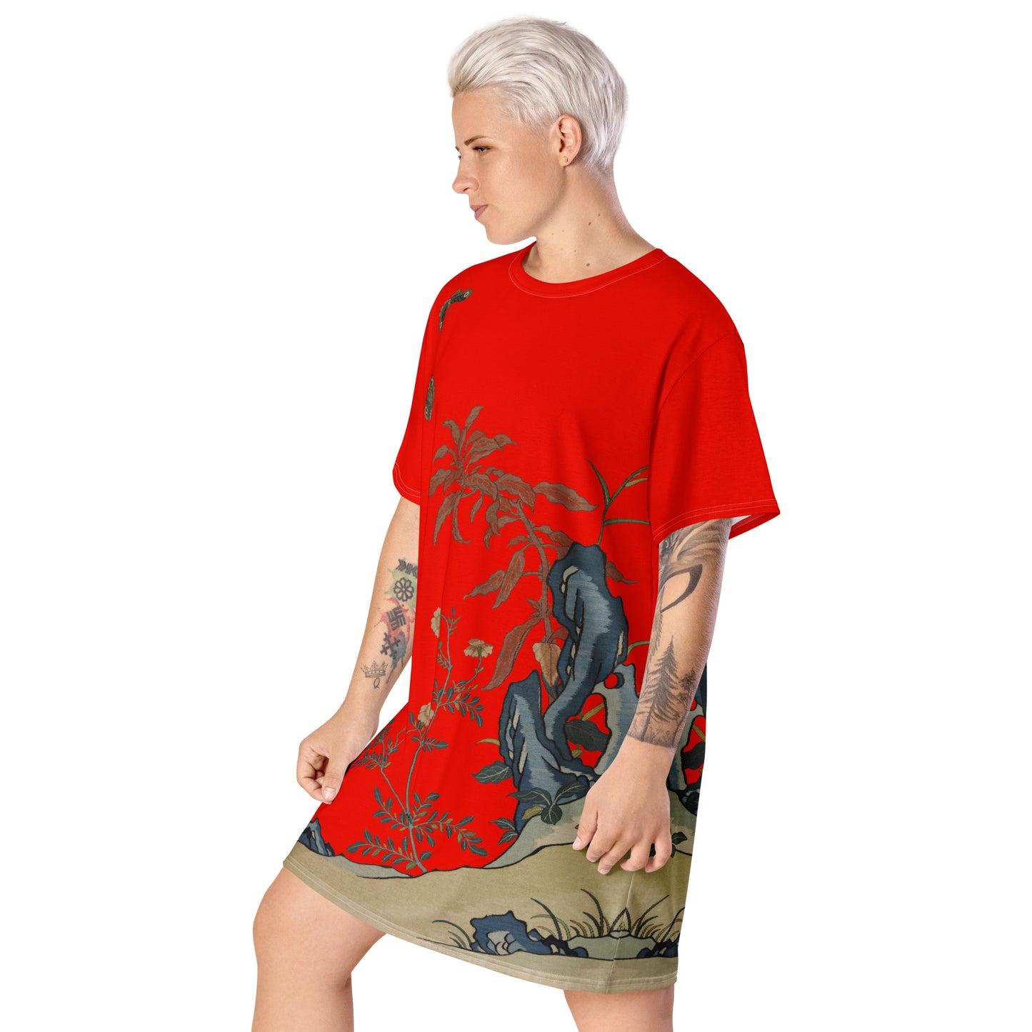 タペストリーの花|蝶と花|Tシャツドレス|Garnet red