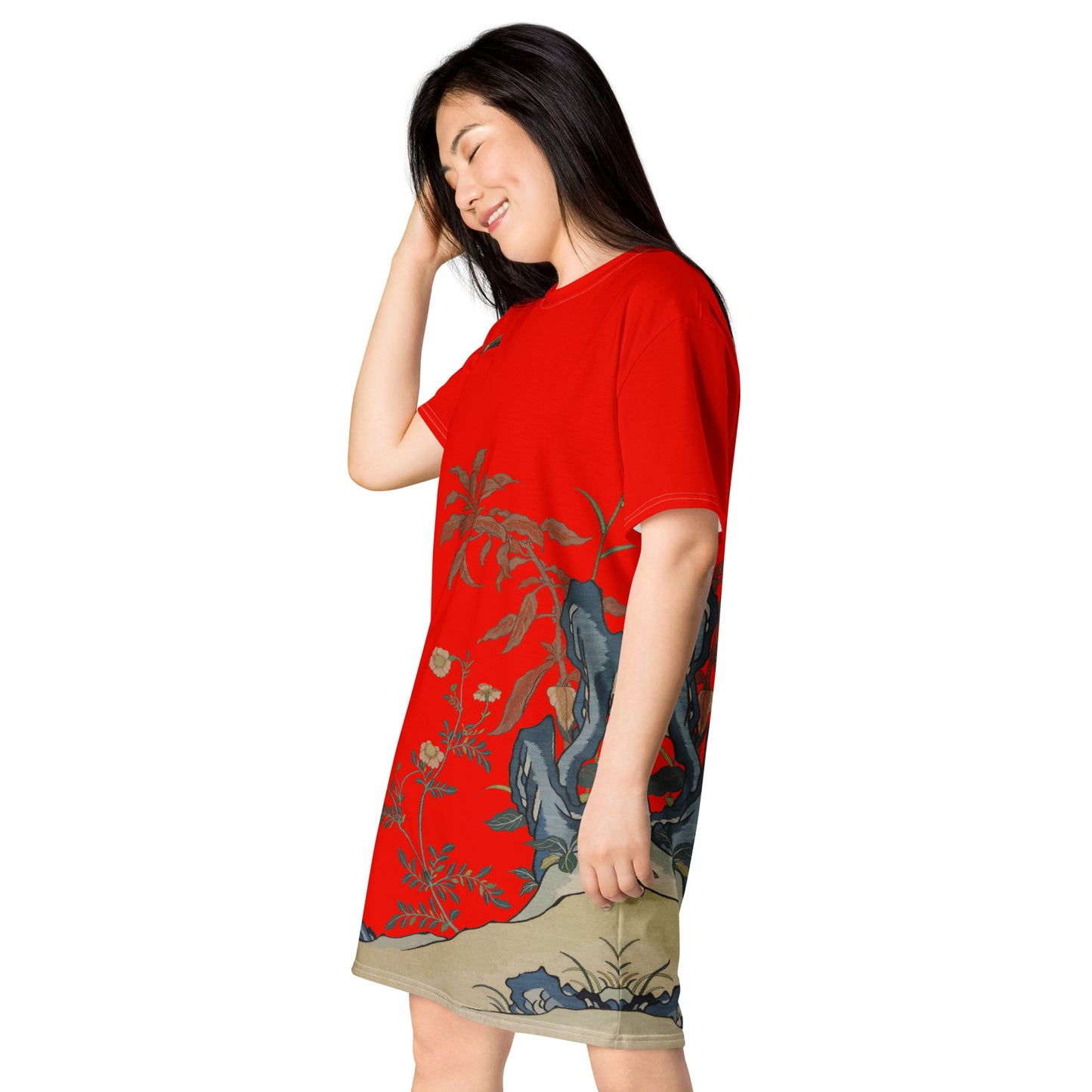 タペストリーの花|蝶と花|Tシャツドレス|Garnet red