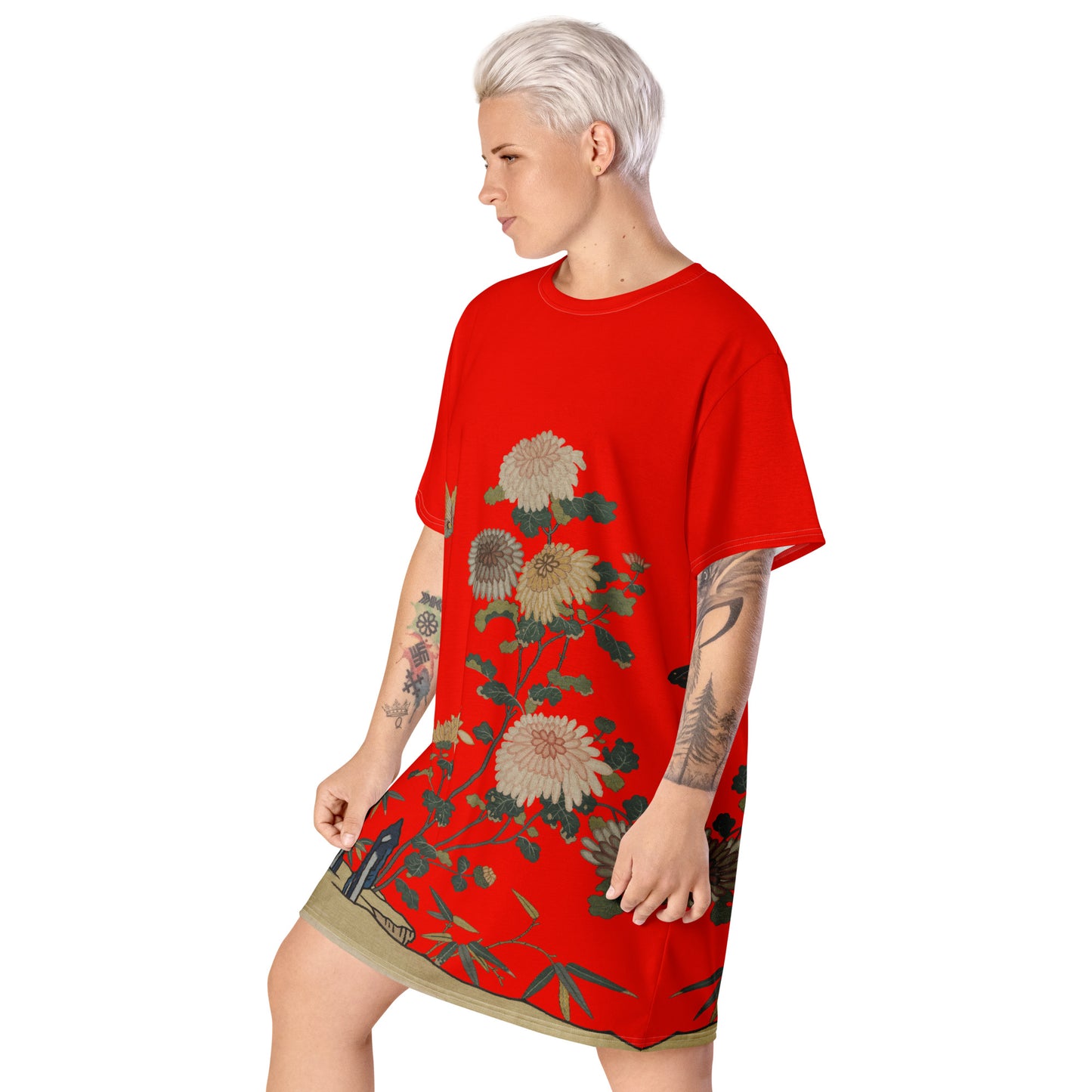 タペストリーの花|菊と蝶|Tシャツドレス|Garnet red