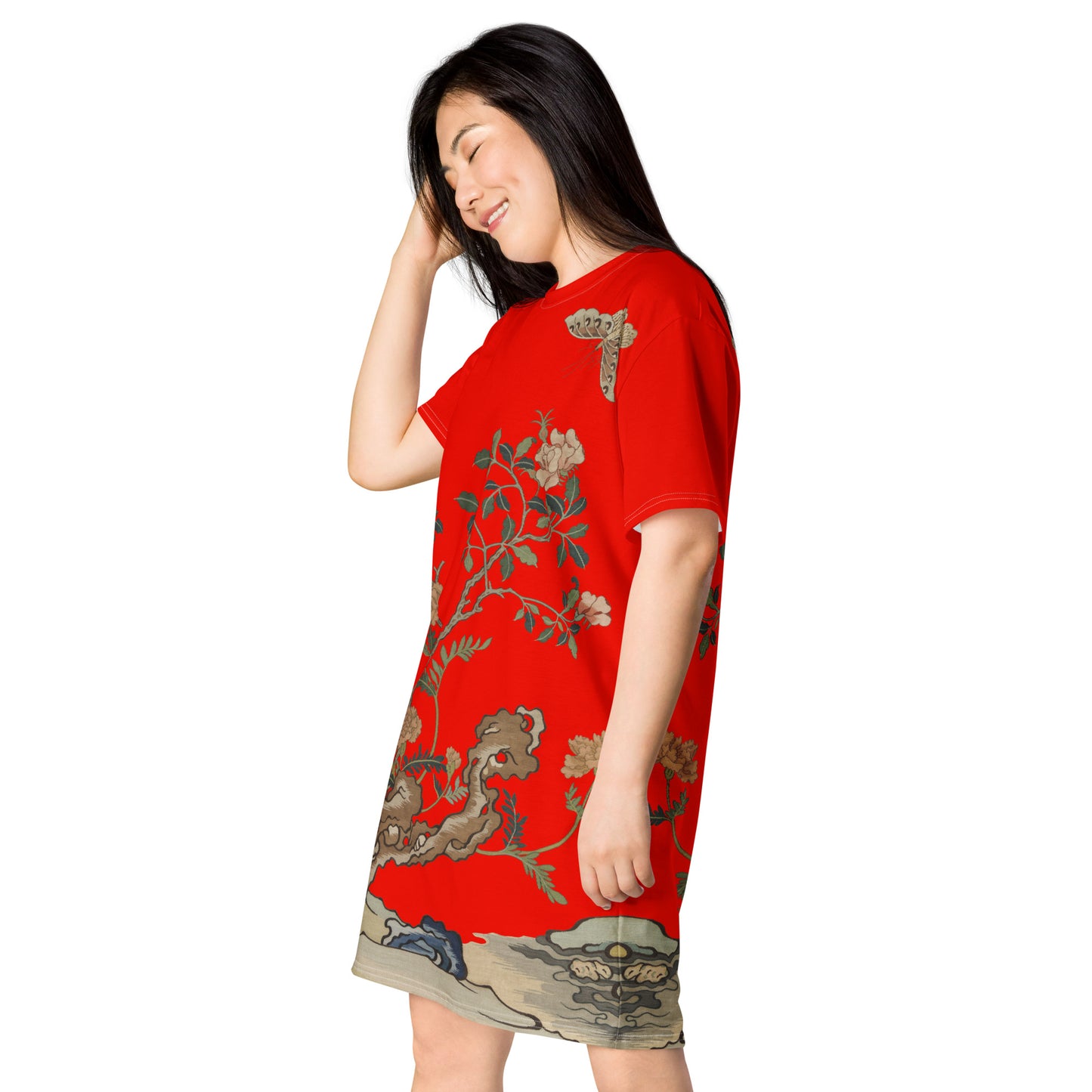 タペストリーの花|椿と蝶|Tシャツドレス|Garnet red
