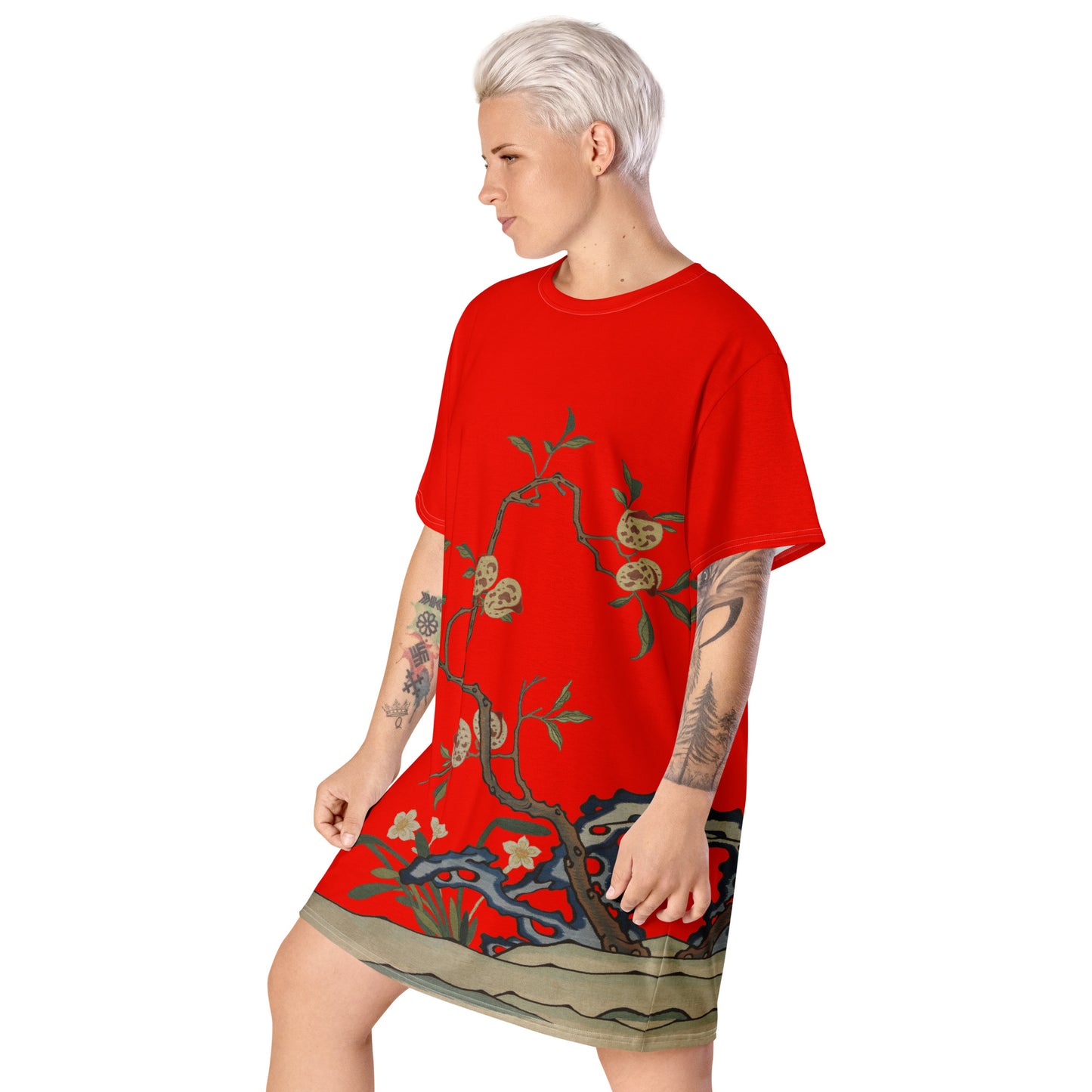 タペストリーの花|Narcissus and Peaches|Tシャツドレス|Garnet red