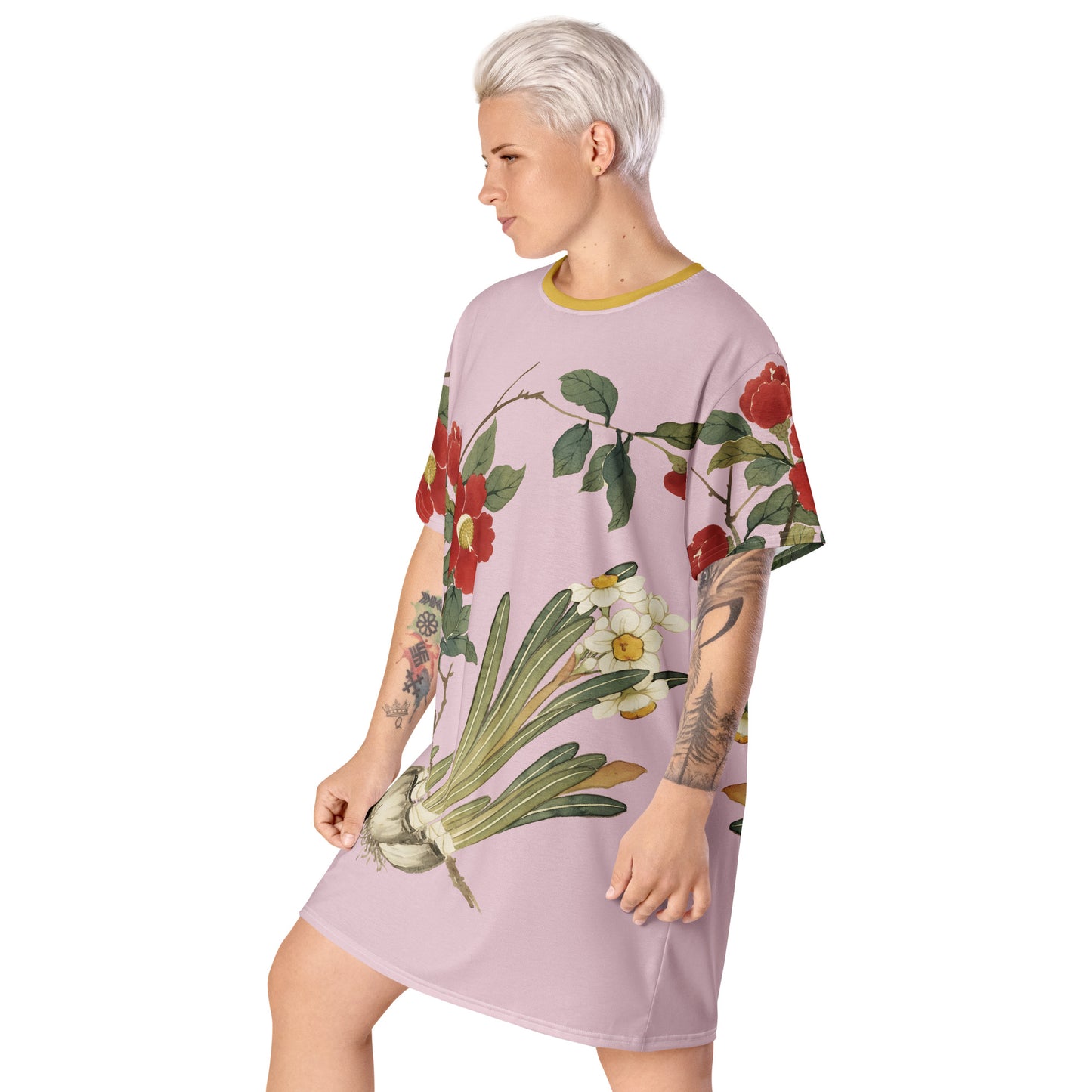 The Spirit of Flowers in Twelve Months|Narcissus and Camelia in Bloom|T-shirt dress|Pale pinkish gray
