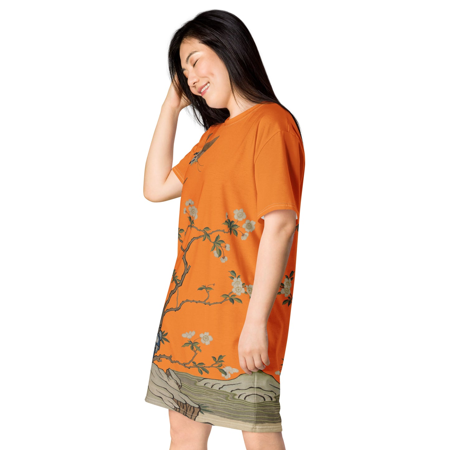 タペストリーの花|梅の花と蝶|Tシャツドレス|オレンジ
