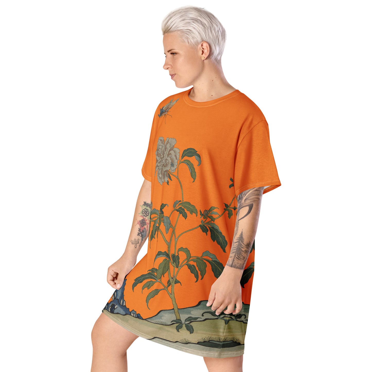 タペストリーの花|Peonies and Butterfly|T-shirt dress|Orange