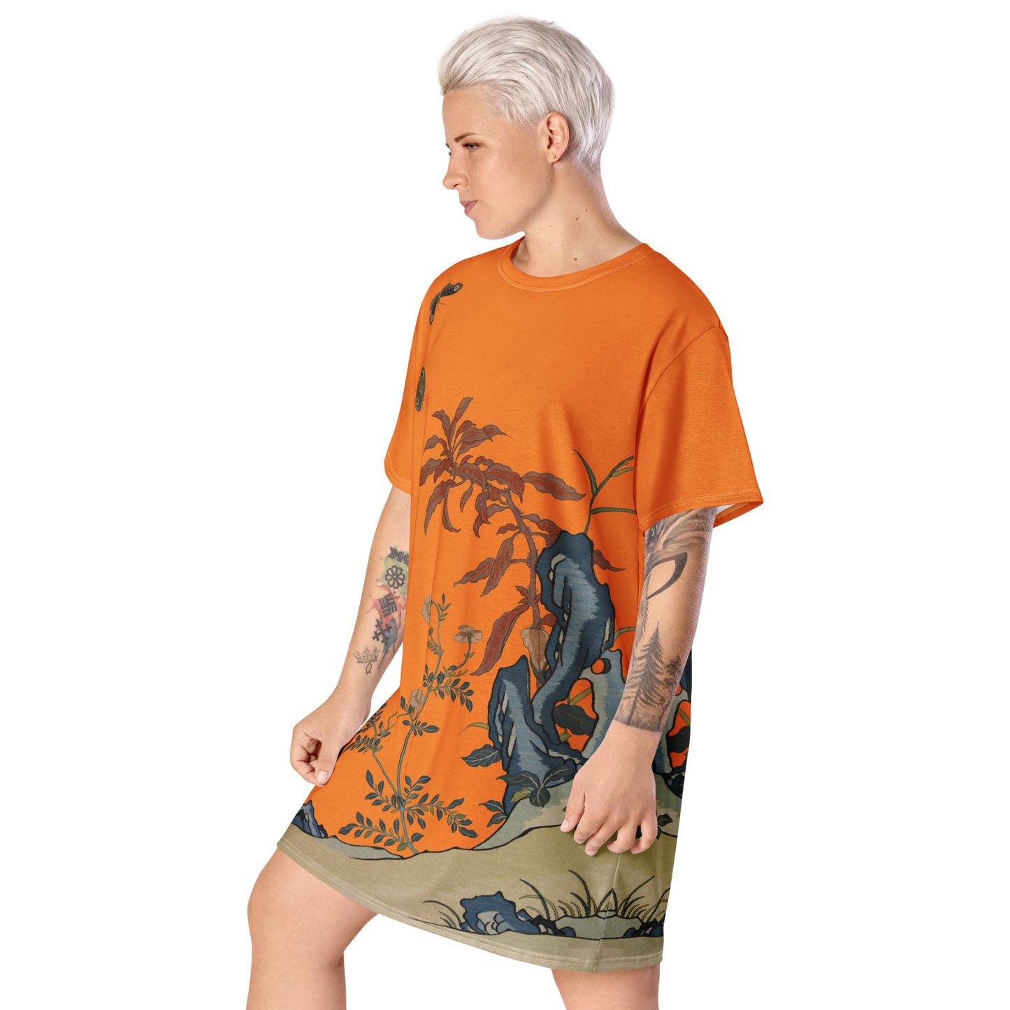 タペストリーの花|Butterflies and Flowers|T-shirt dress|Orange