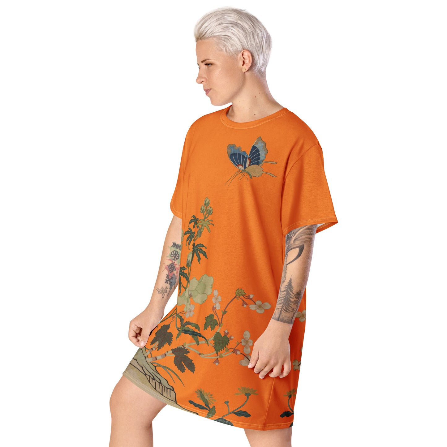 タペストリーの花|ハイビスカスとベゴニアの花|Tシャツドレス|オレンジ