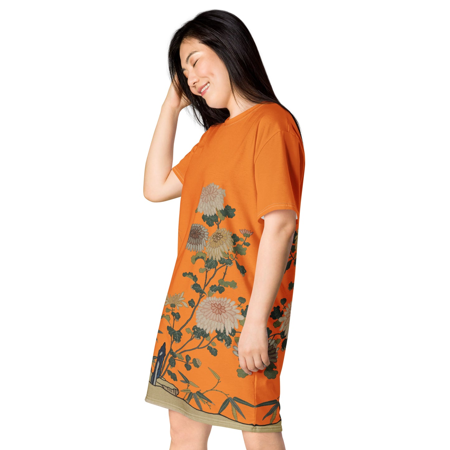 タペストリーの花|Chrysanthemums and Butterflies|T-shirt dress|Orange