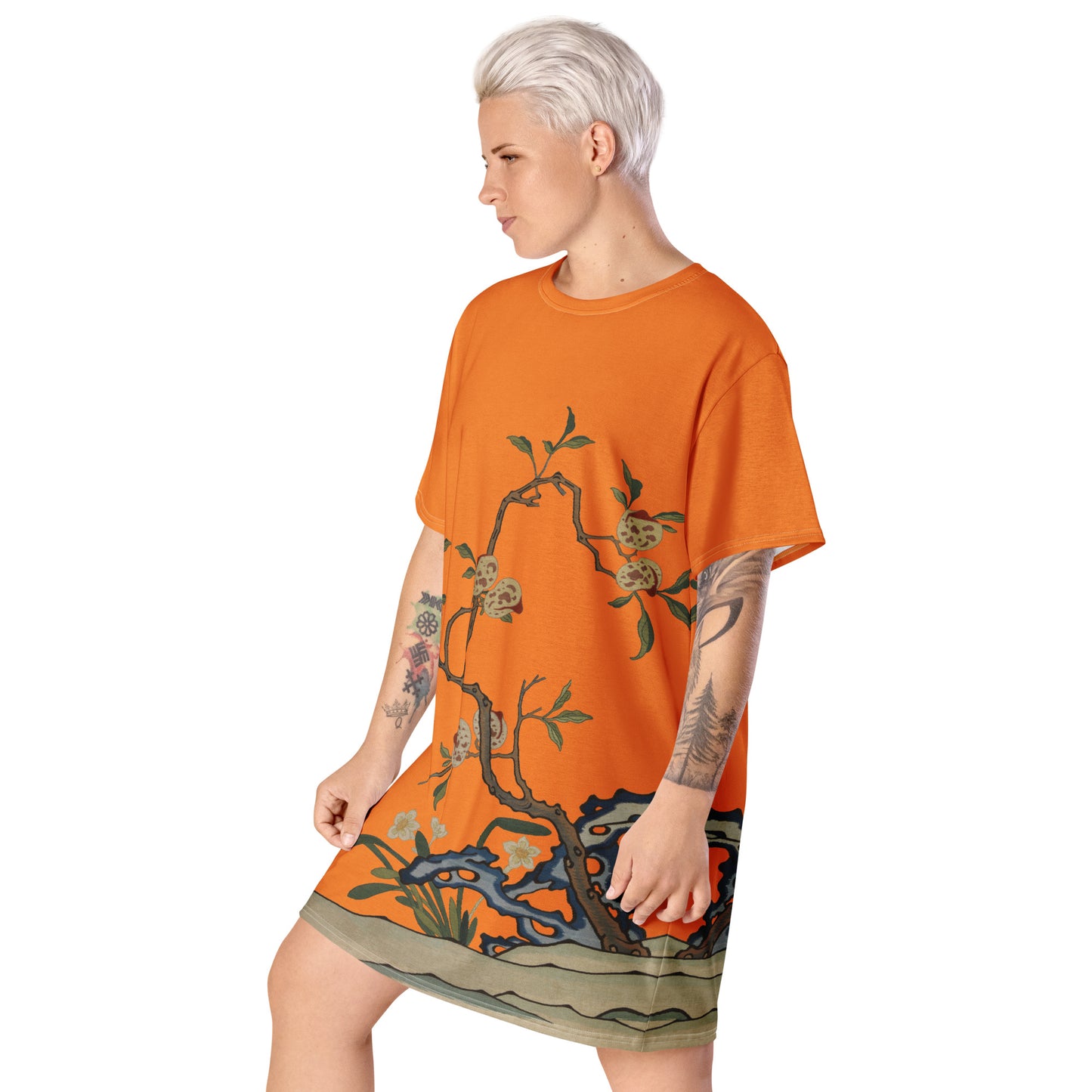 タペストリーの花|Narcissus and Peaches|T-shirt dress|Orange
