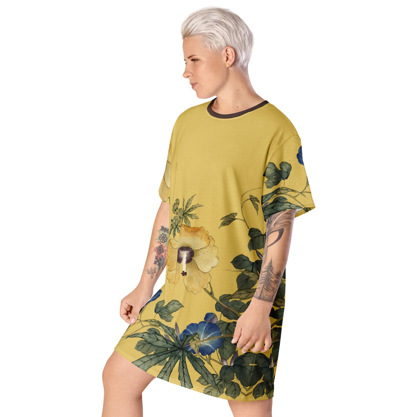 The Spirit of Flowers in Twelve Months|Okra and White-edged Morning Glory in Bloom|T-shirt dress|Gold