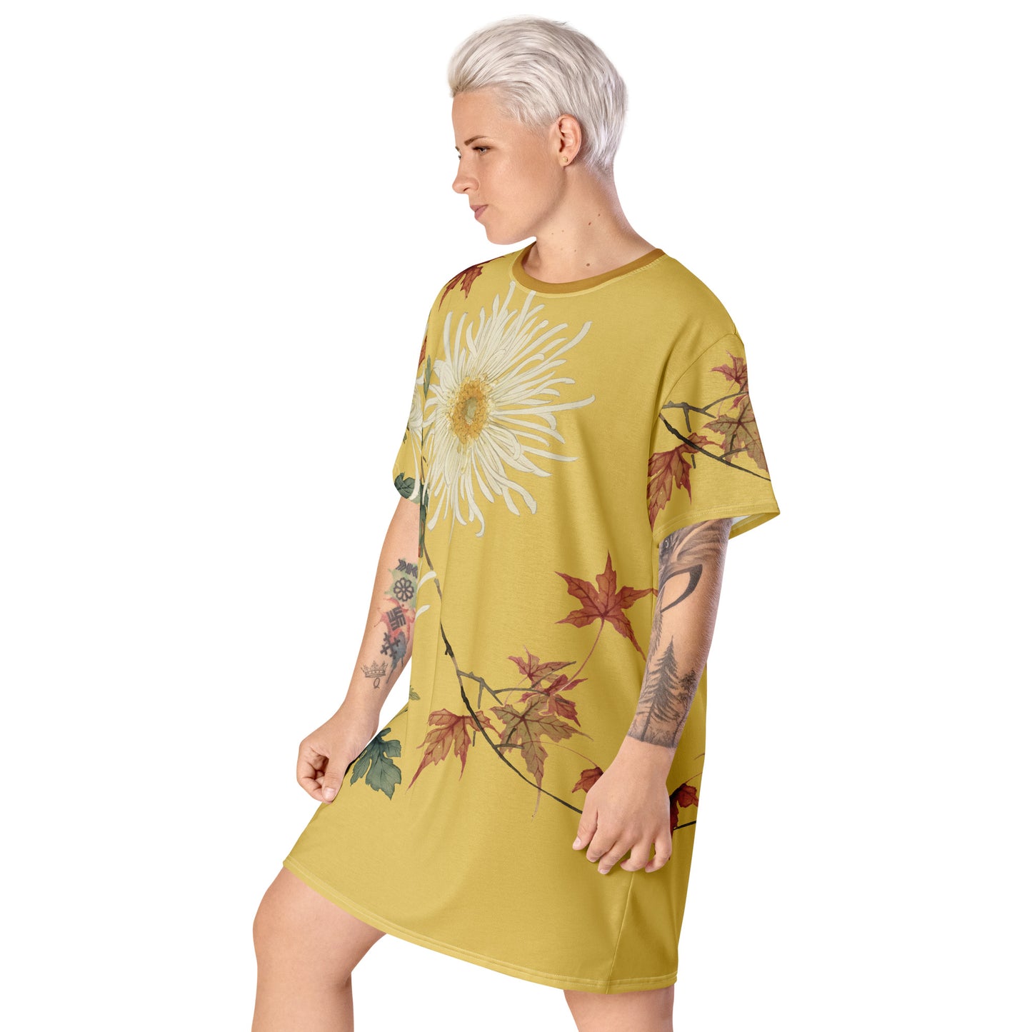 The Spirit of Flowers in Twelve Months|Blooming Chrysanthemum and Maple Leaves|T-shirt dress|Gold