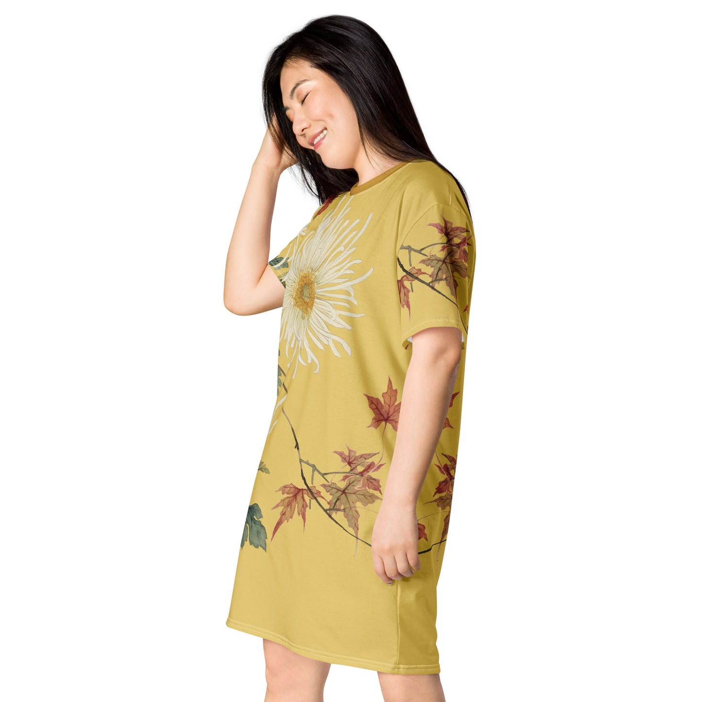 The Spirit of Flowers in Twelve Months|Blooming Chrysanthemum and Maple Leaves|T-shirt dress|Gold
