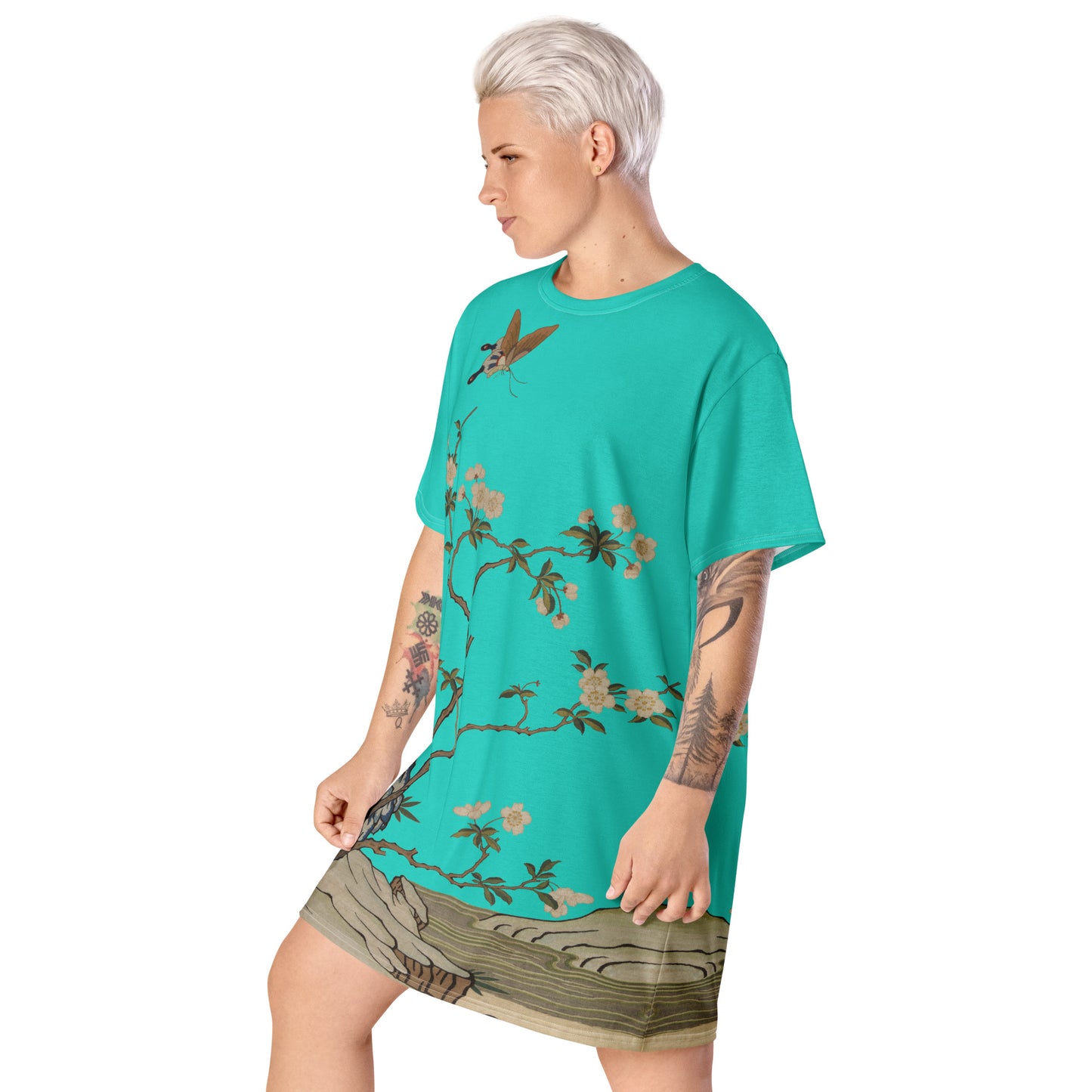 タペストリーの花|梅の花と蝶|Tシャツドレス|ターコイズ