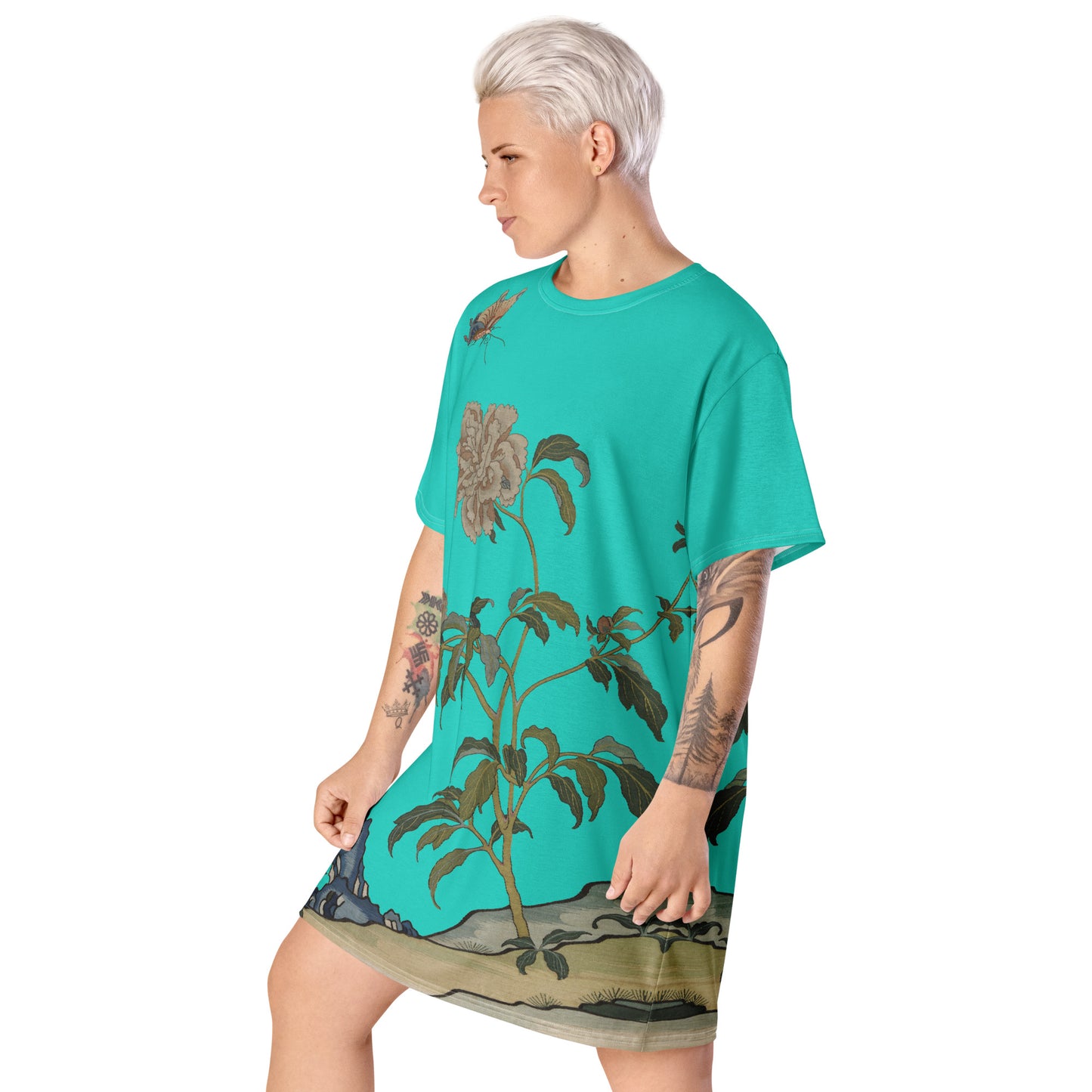 タペストリーの花|Peonies and Butterfly|T-shirt dress|Turquoise