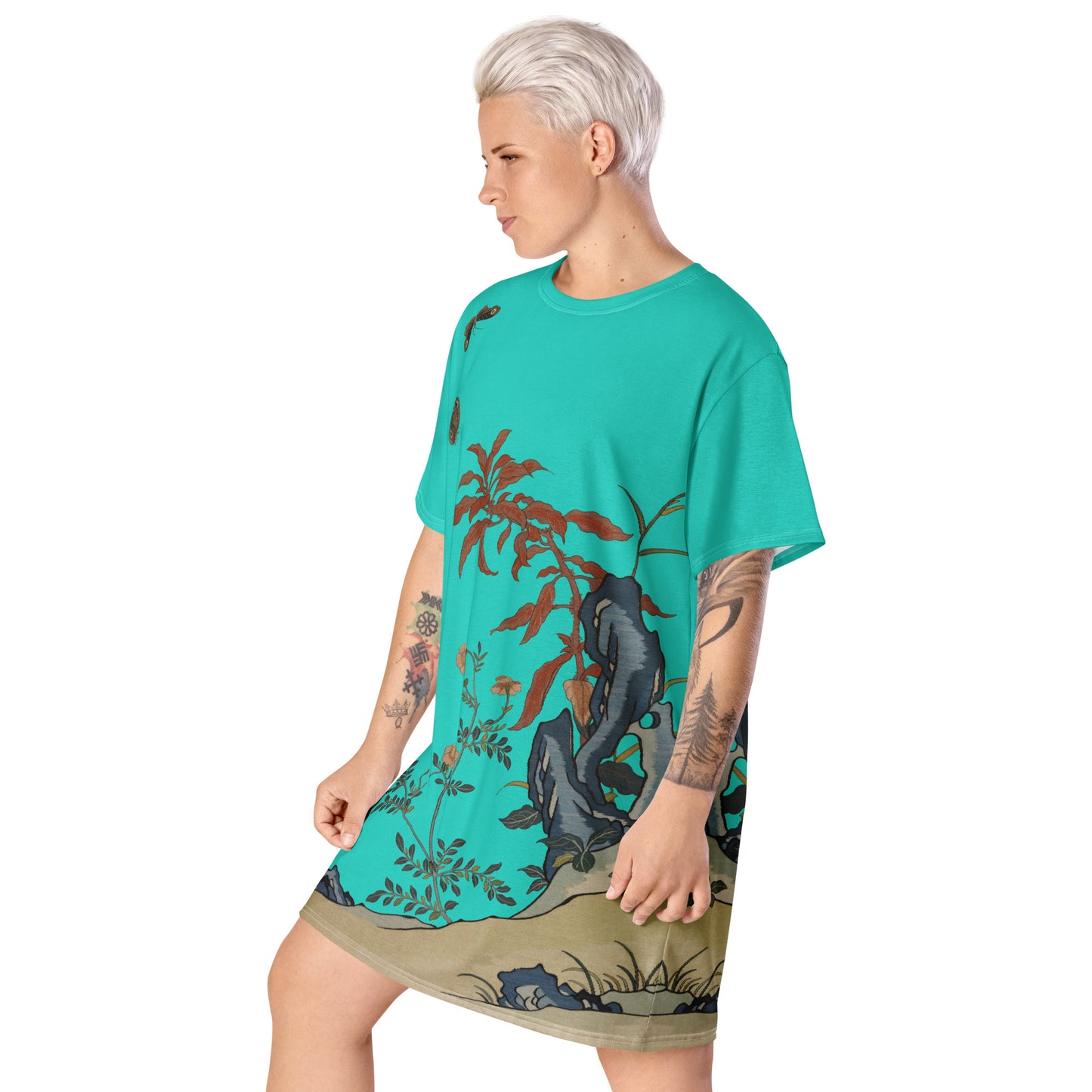 タペストリーの花|Butterflies and Flowers|T-shirt dress|Turquoise