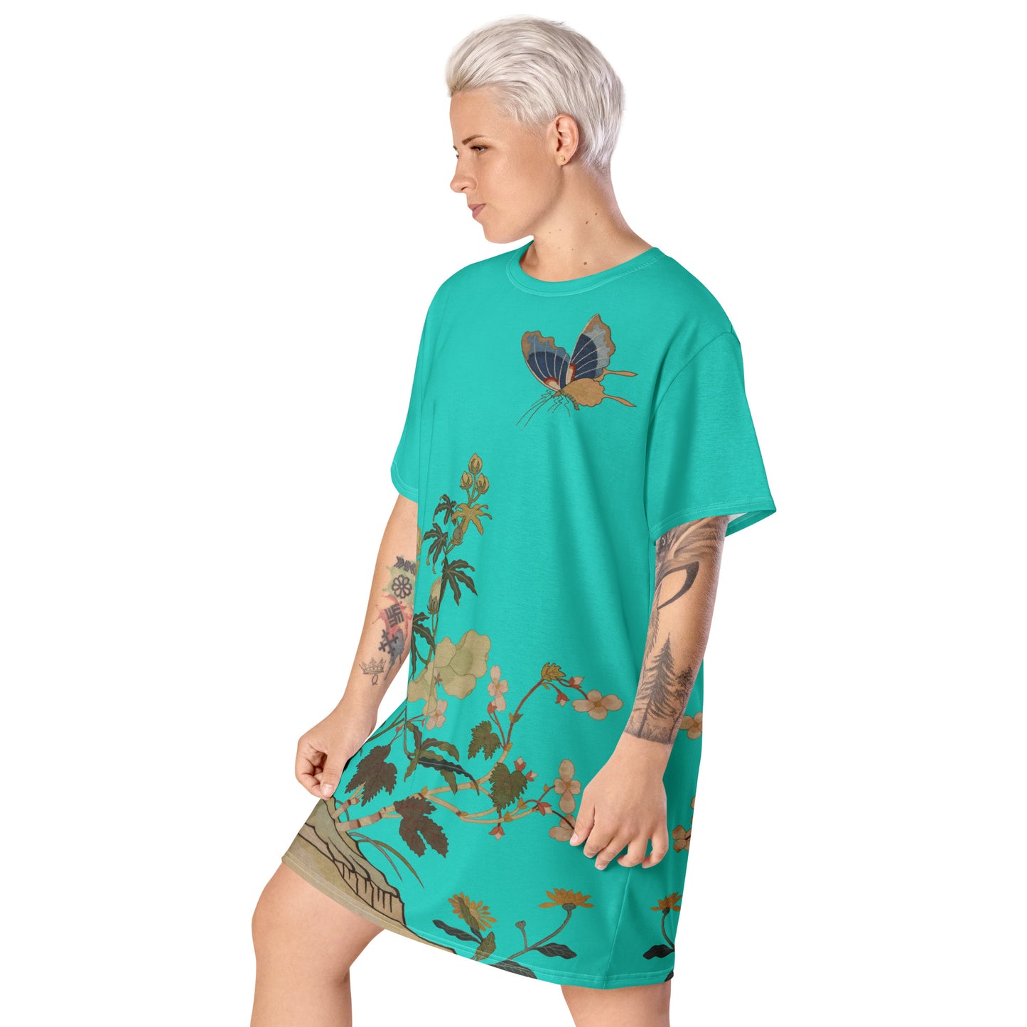 タペストリーの花|ハイビスカスとベゴニアの花|Tシャツドレス|ターコイズ