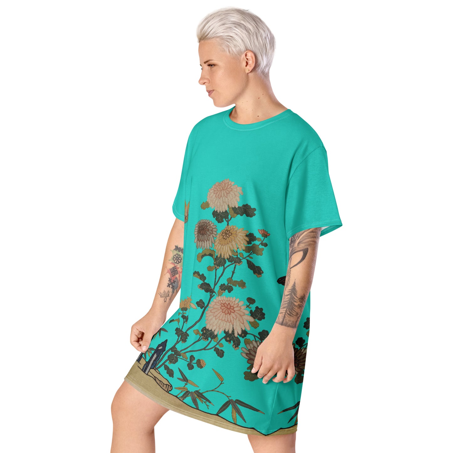 タペストリーの花|Chrysanthemums and Butterflies|T-shirt dress|Turquoise