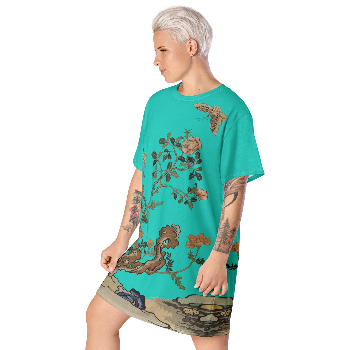タペストリーの花|Camellia and Butterfly|T-shirt dress|Turquoise