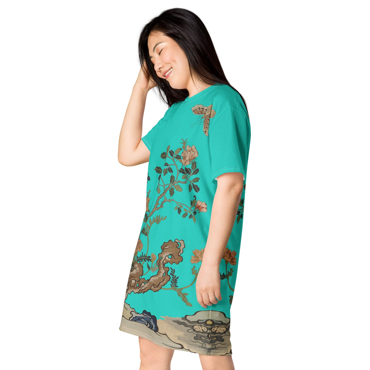 タペストリーの花|Camellia and Butterfly|T-shirt dress|Turquoise