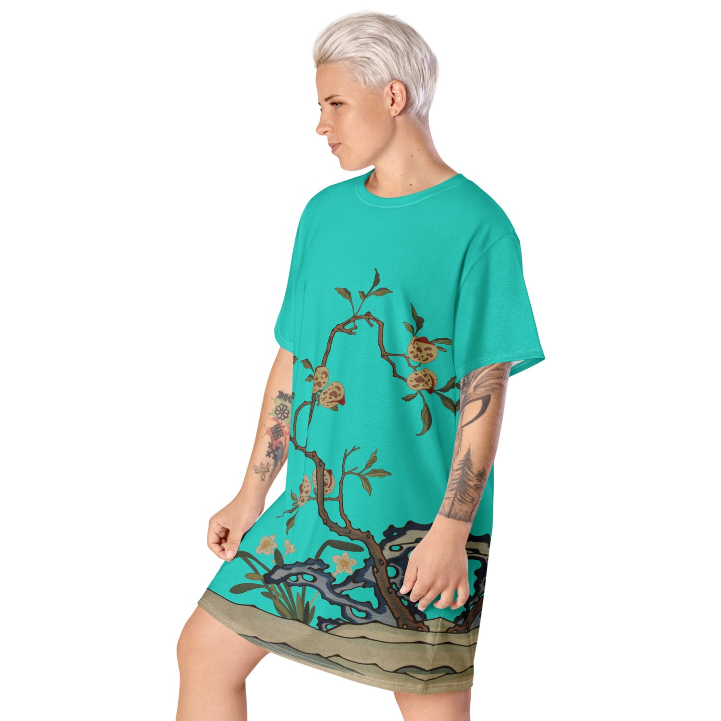 タペストリーの花|Narcissus and Peaches|T-shirt dress|Turquoise
