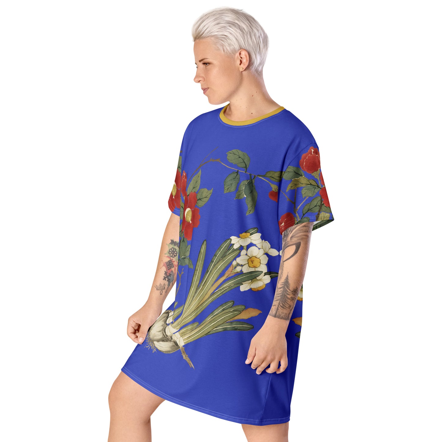 The Spirit of Flowers in Twelve Months|Narcissus and Camelia in Bloom|T-shirt dress|Royal blue